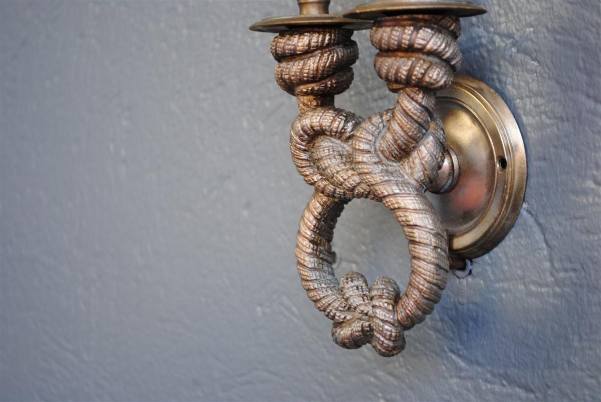 1940s Set of 4 Silver Plated Bronze Rope Wall Sconces In Fair Condition For Sale In Marseille, FR