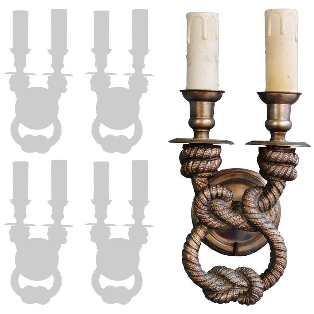 1940s Set of 4 Silver Plated Bronze Rope Wall Sconces