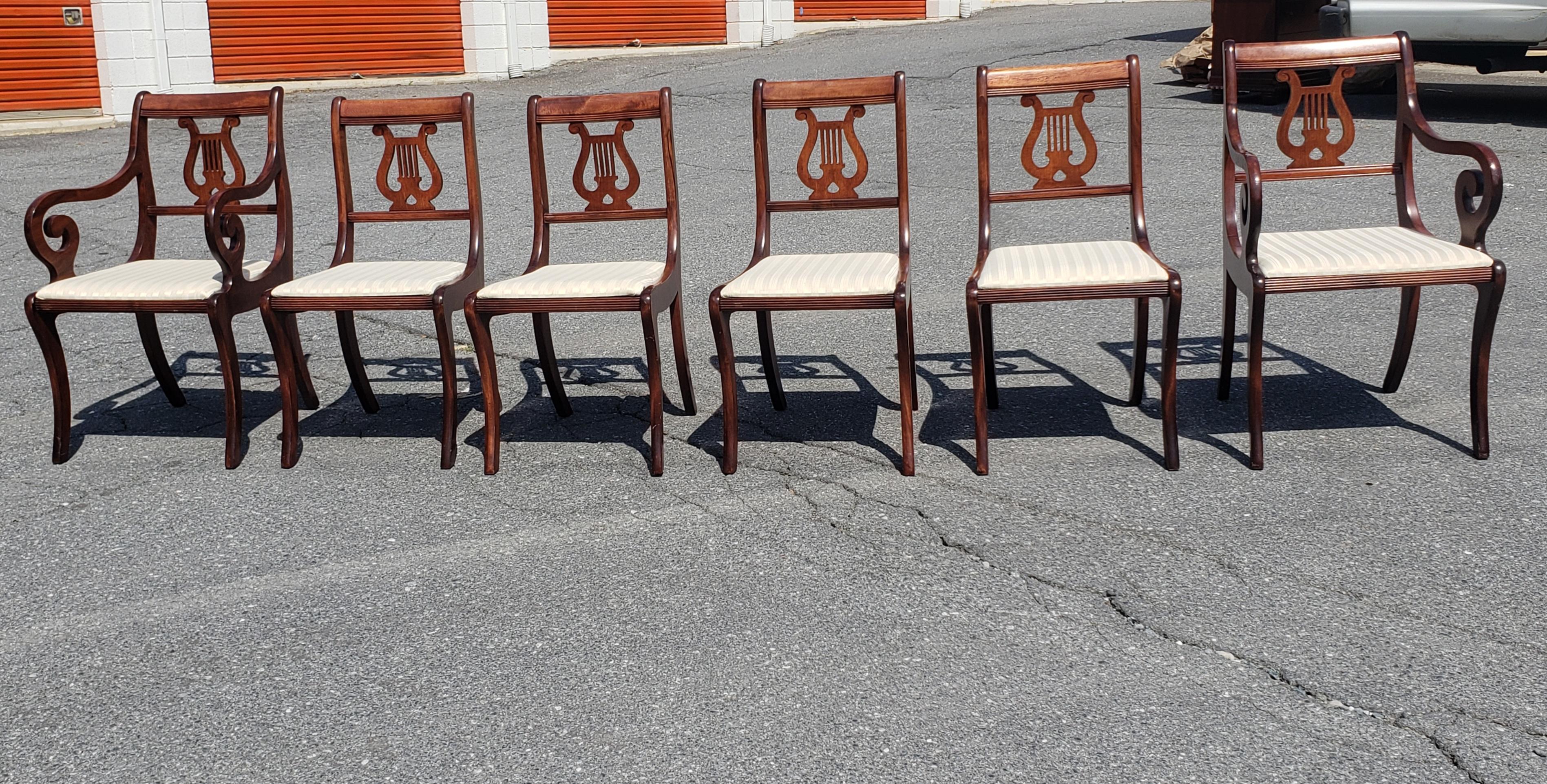 Upholstery 1940s Set of 6 Refinished Mahogany Klismos Lyre Back Chairs For Sale