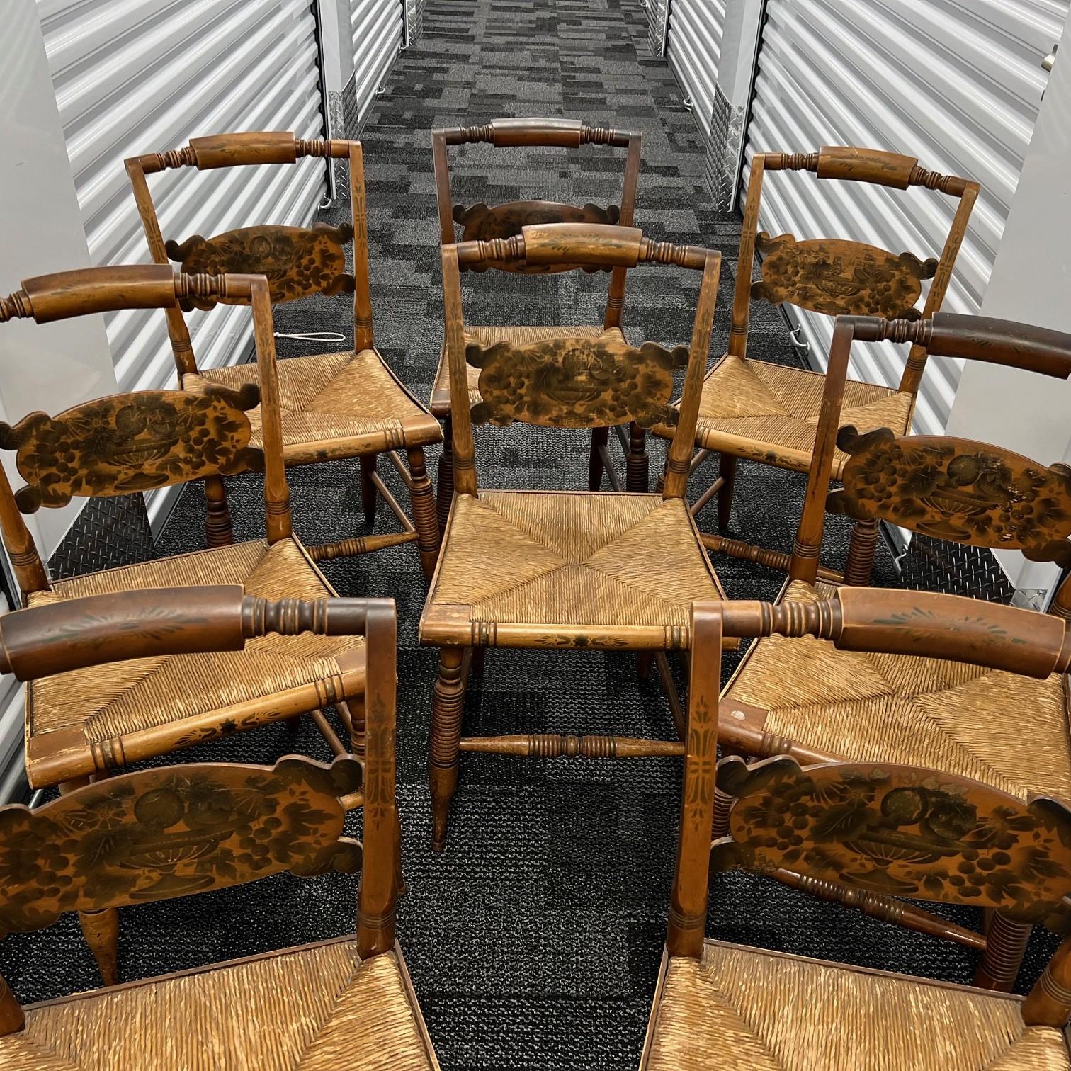 1940's Set of 8 Vintage Hitchcock Rush Seat Chairs with Stenciled Fruit Motif For Sale 3