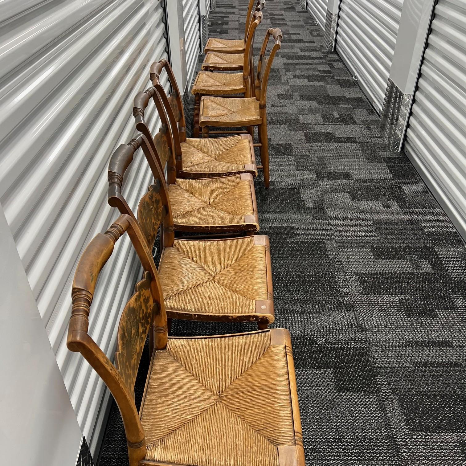 1940's Set of 8 Vintage Hitchcock Rush Seat Chairs with Stenciled Fruit Motif For Sale 11