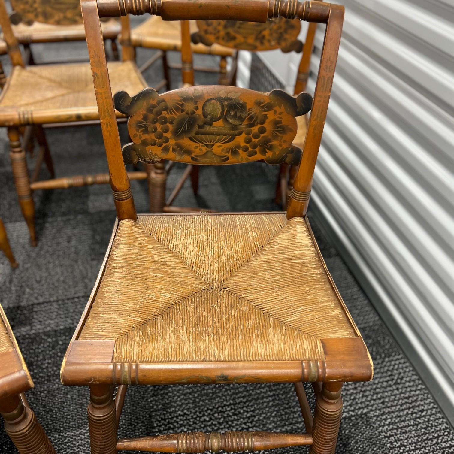 American Classical 1940's Set of 8 Vintage Hitchcock Rush Seat Chairs with Stenciled Fruit Motif For Sale