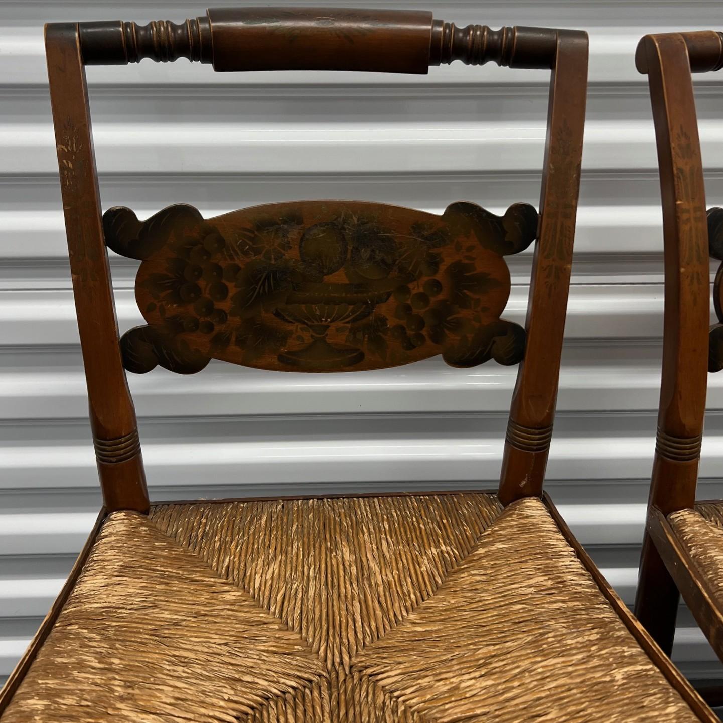 American 1940's Set of 8 Vintage Hitchcock Rush Seat Chairs with Stenciled Fruit Motif For Sale