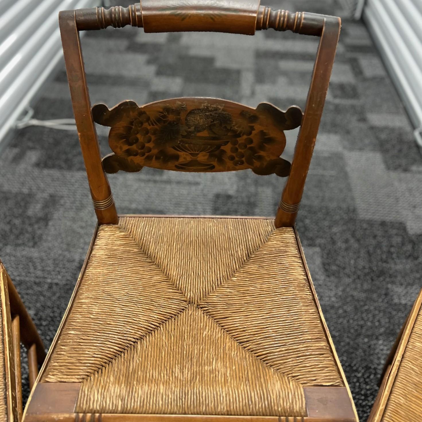 Hand-Crafted 1940's Set of 8 Vintage Hitchcock Rush Seat Chairs with Stenciled Fruit Motif For Sale
