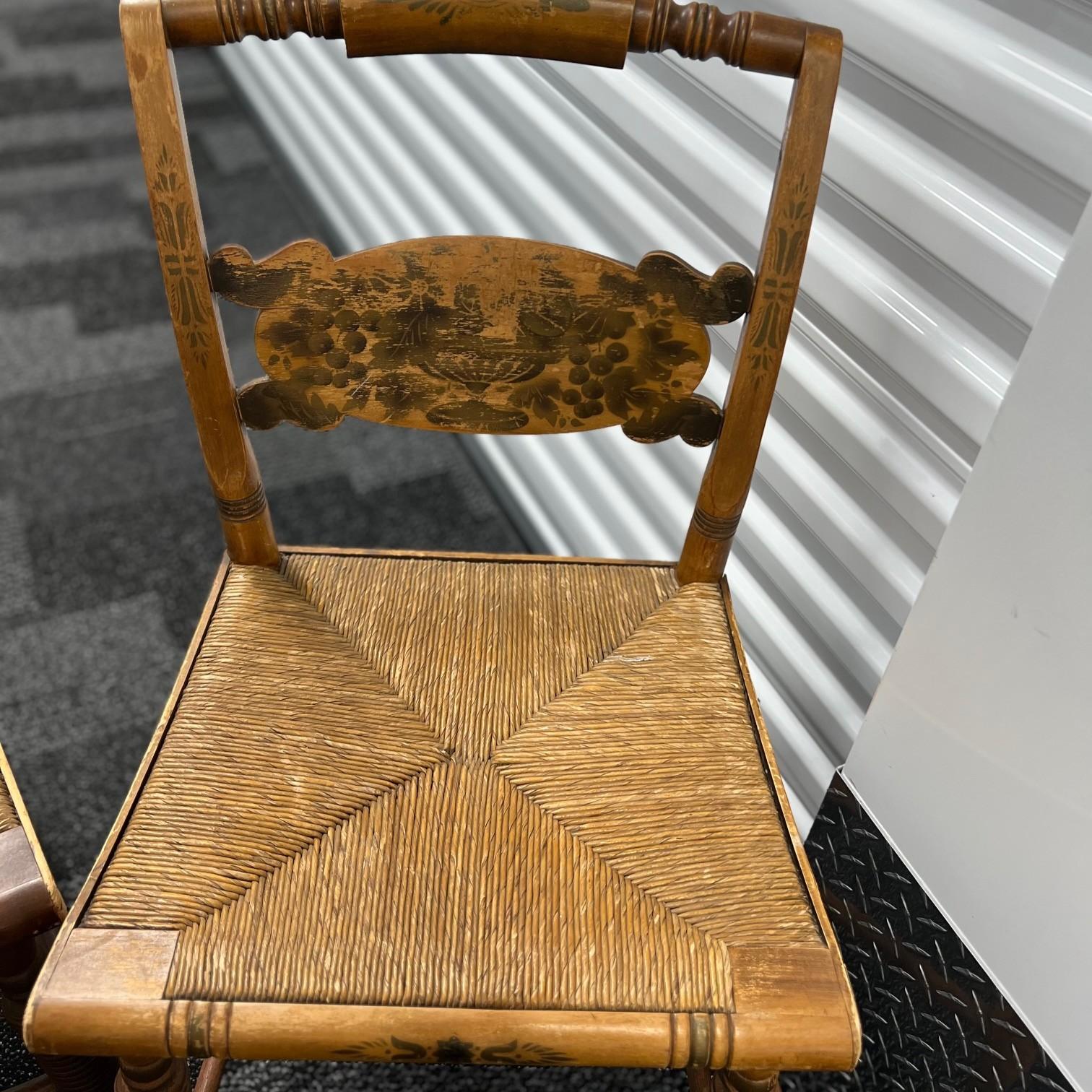 Mid-20th Century 1940's Set of 8 Vintage Hitchcock Rush Seat Chairs with Stenciled Fruit Motif For Sale