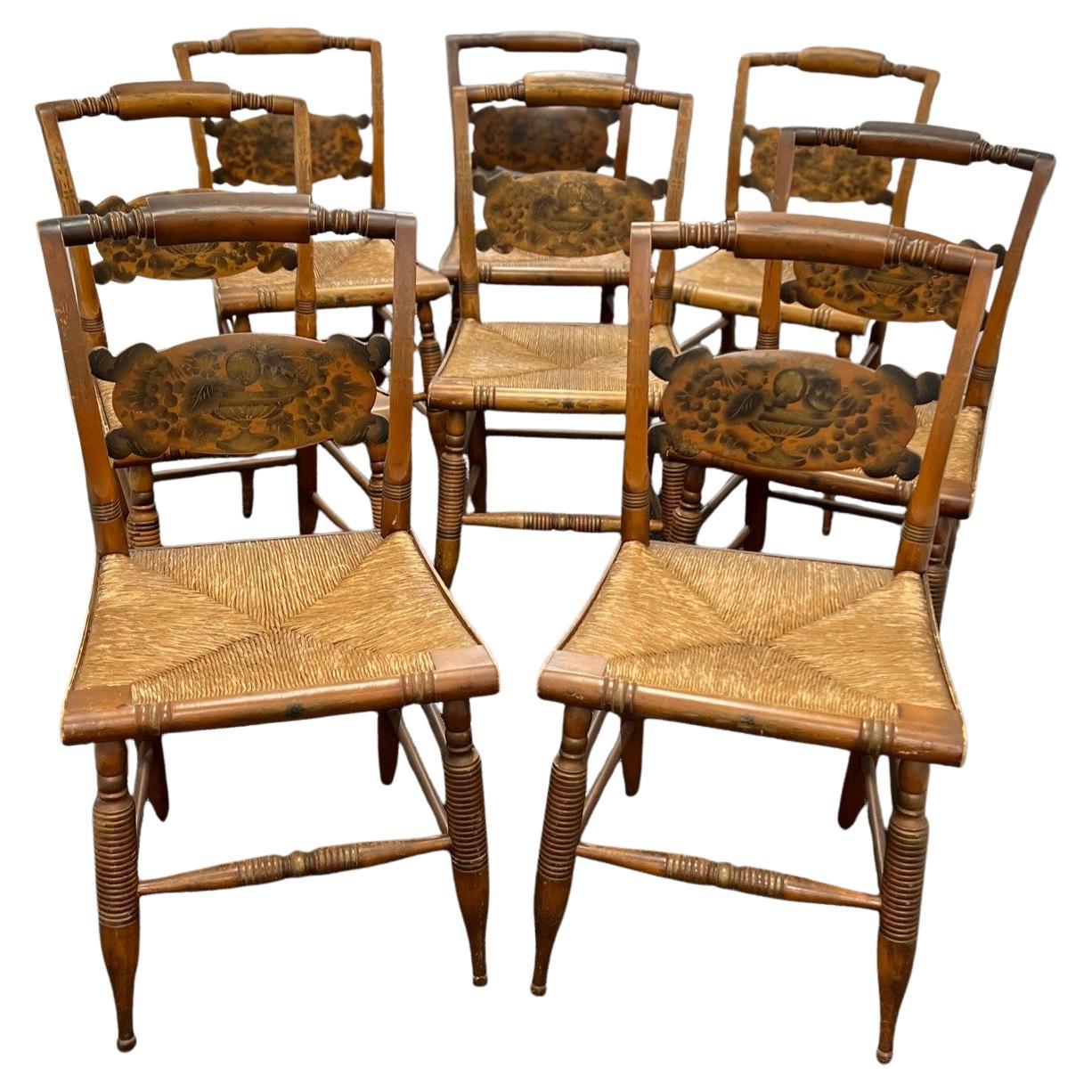 1940's Set of 8 Vintage Hitchcock Rush Seat Chairs with Stenciled Fruit Motif
