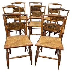 1940's Set of 8 Vintage Hitchcock Rush Seat Chairs with Stenciled Fruit Motif