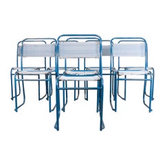 1940er Jahre Satz von acht Pel/Cox Metallrohr-Esszimmerstühlen mit Segeltuch-Sitzen