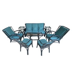 Achtteiliges Set restaurierter amerikanischer Terrassenmöbel aus Rattan aus den 1940er Jahren, schwarz lackiert