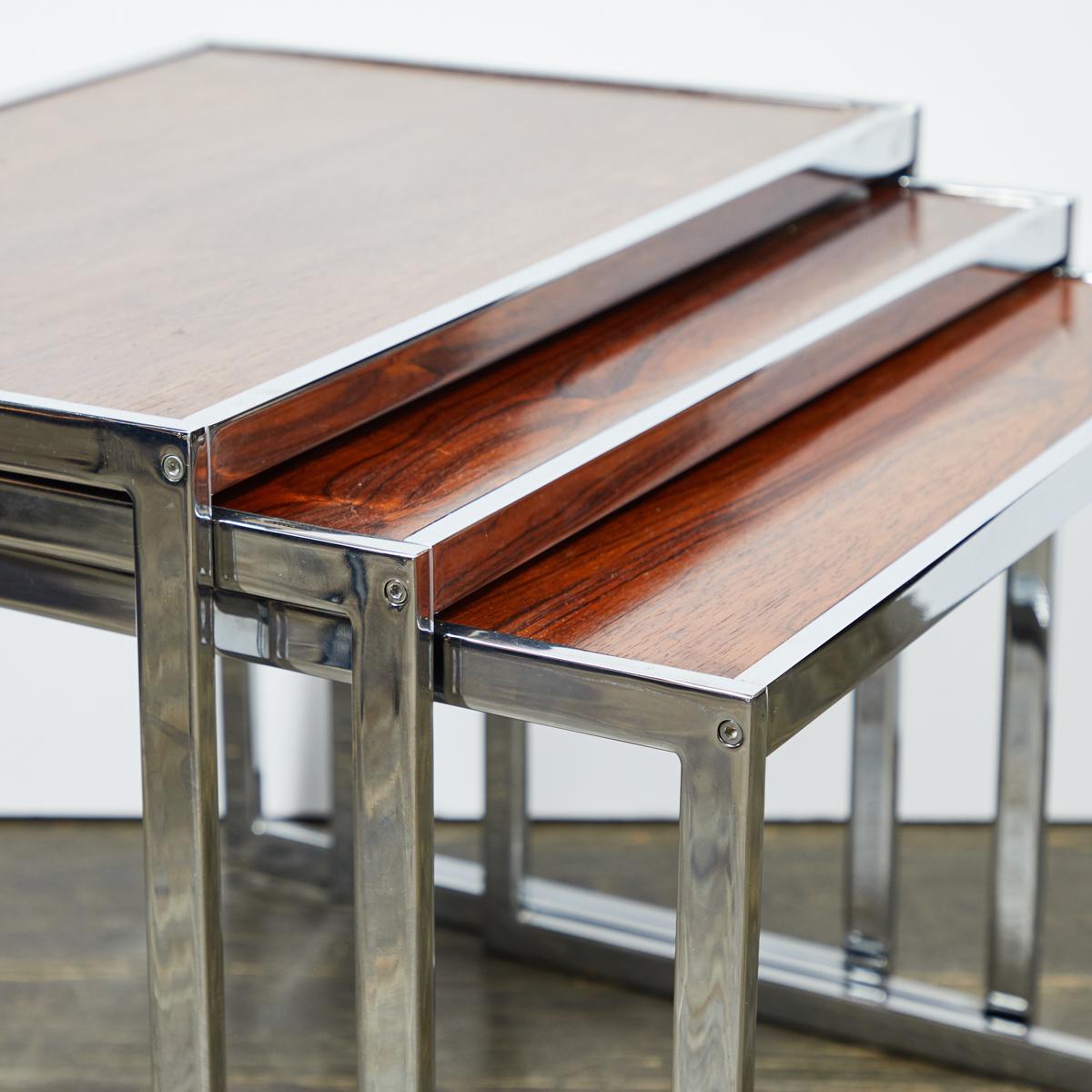 1960s Set of Three English Wood and Chrome Nesting Tables For Sale 1