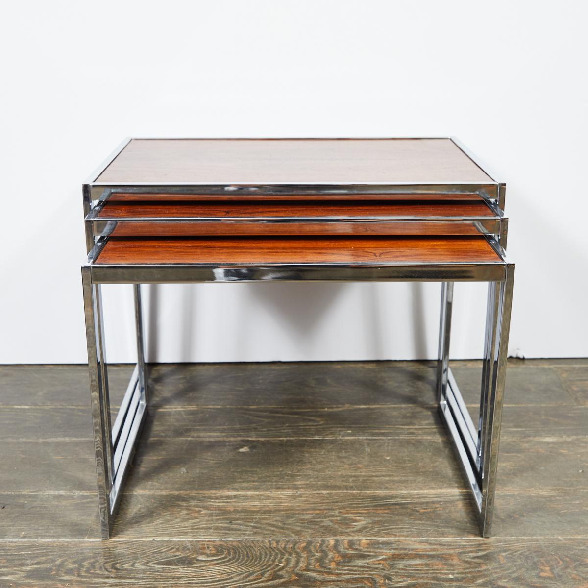 Other 1960s Set of Three English Wood and Chrome Nesting Tables For Sale
