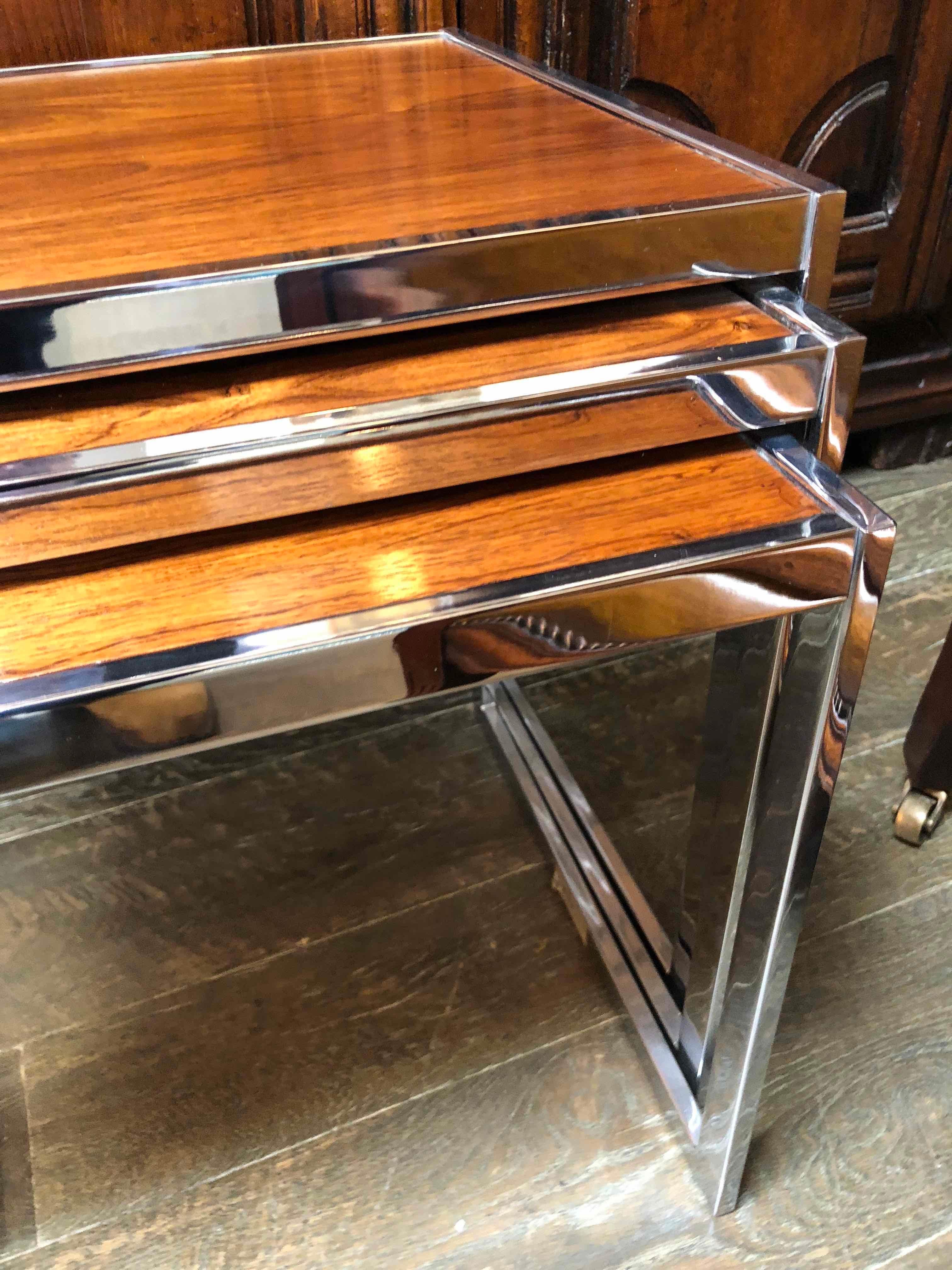Other 1940s Set of Three English Wood and Chrome Nesting Tables 