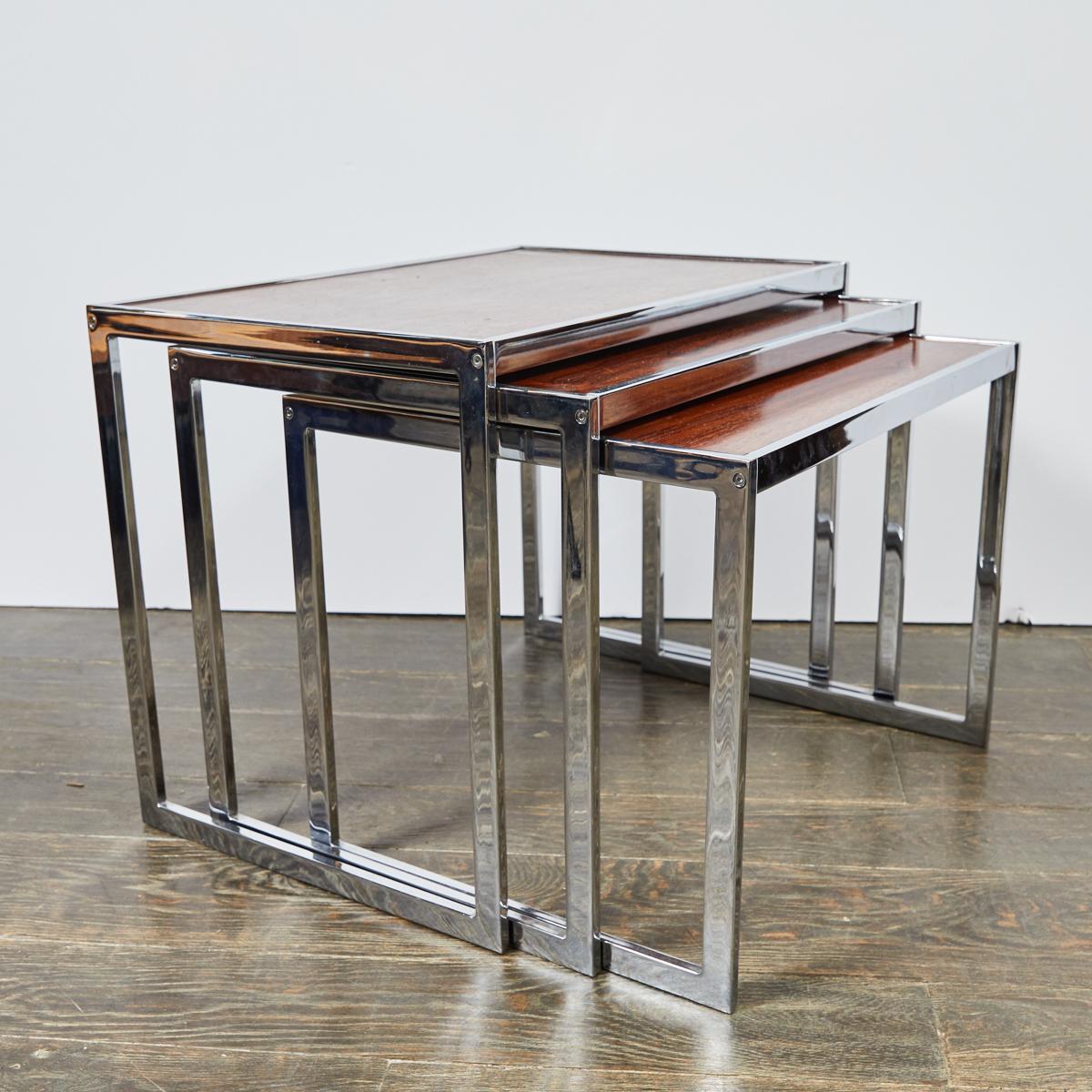 1960s Set of Three English Wood and Chrome Nesting Tables In Good Condition For Sale In Los Angeles, CA