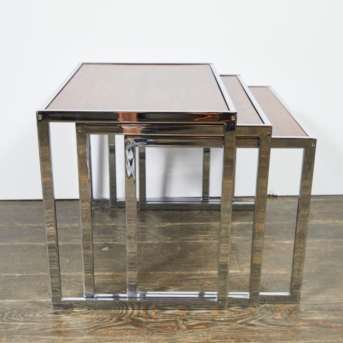 Mid-20th Century 1960s Set of Three English Wood and Chrome Nesting Tables For Sale