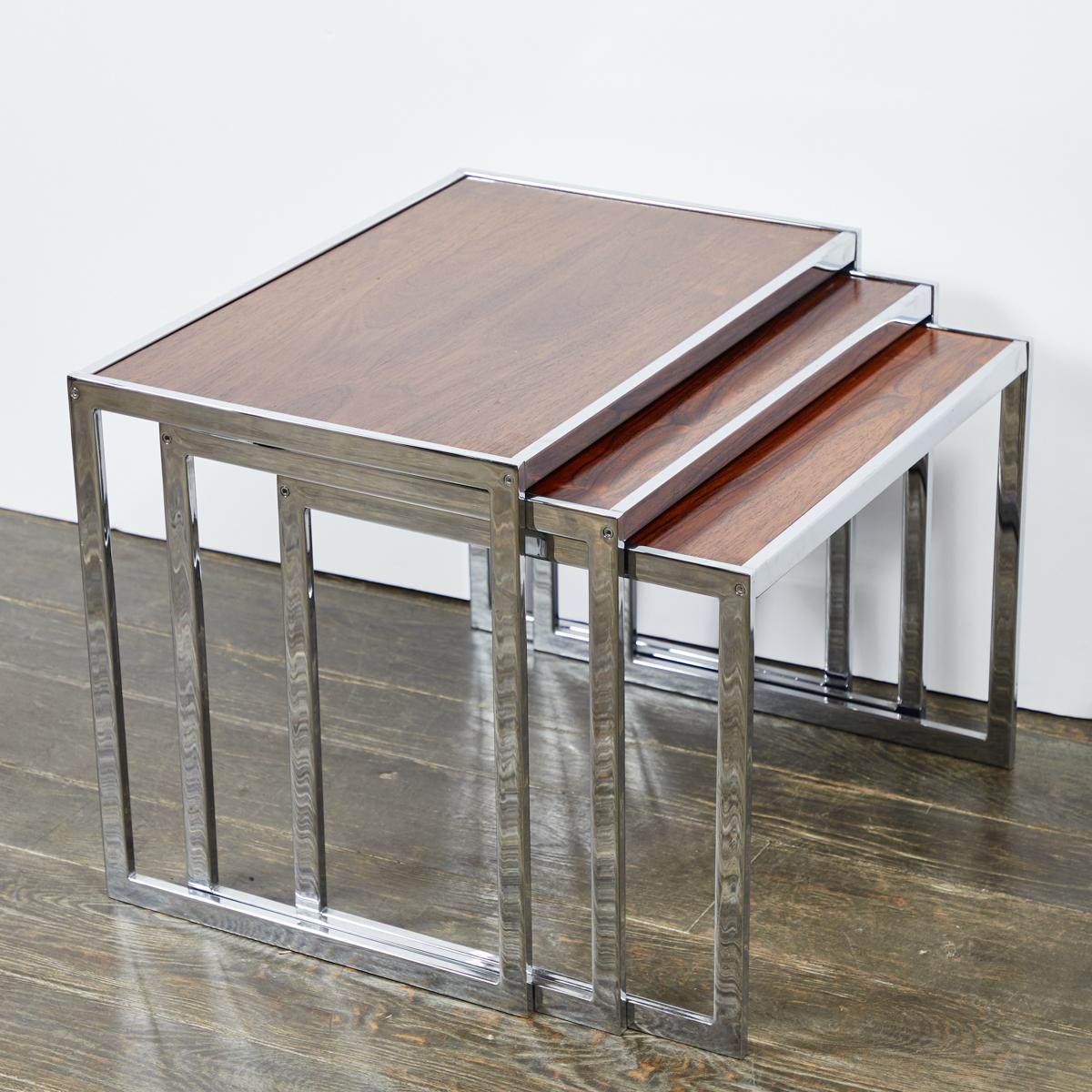 1960s Set of Three English Wood and Chrome Nesting Tables For Sale 1