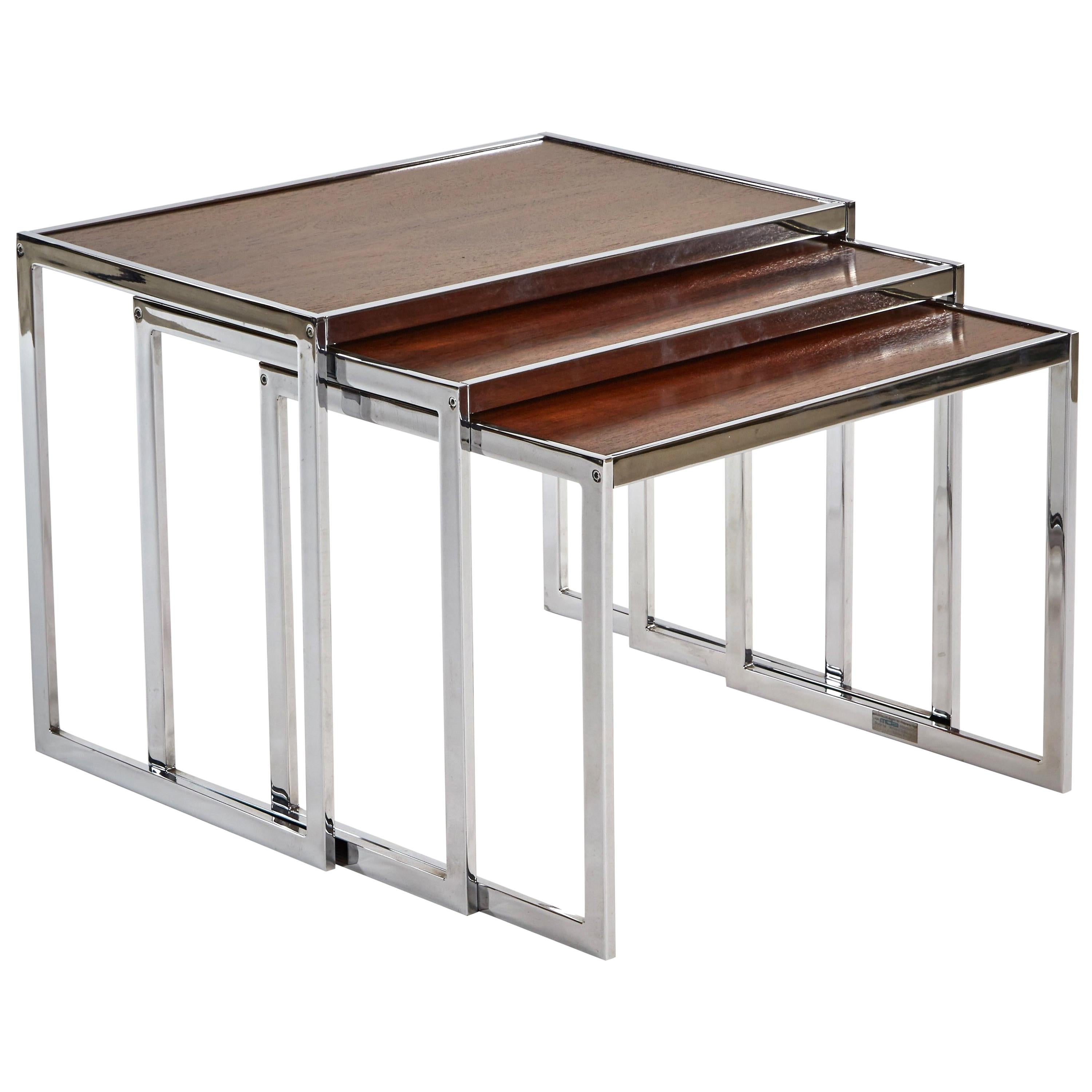 1960s Set of Three English Wood and Chrome Nesting Tables For Sale