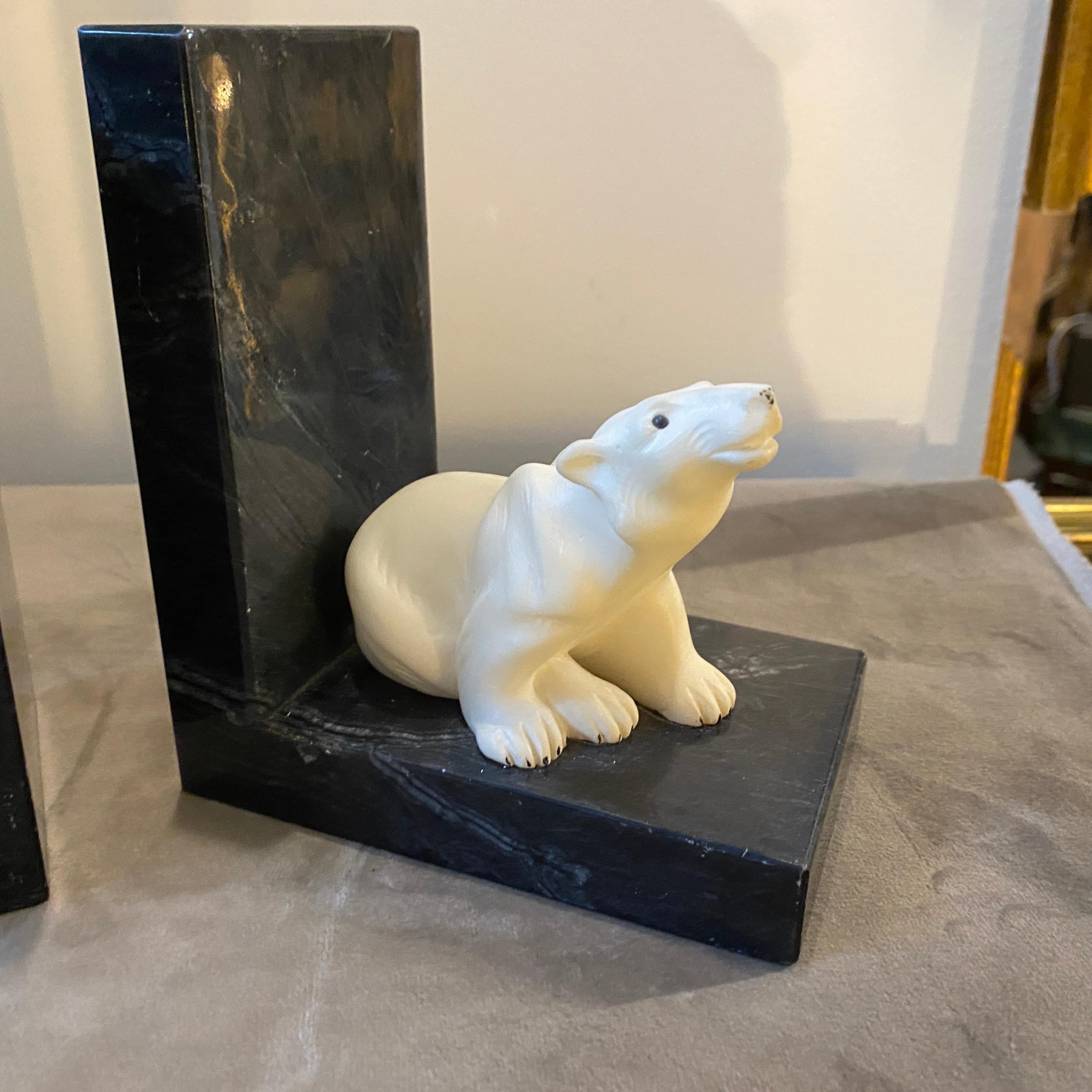 1940s Set of Two Art Deco White and Black Marble Bookends 5