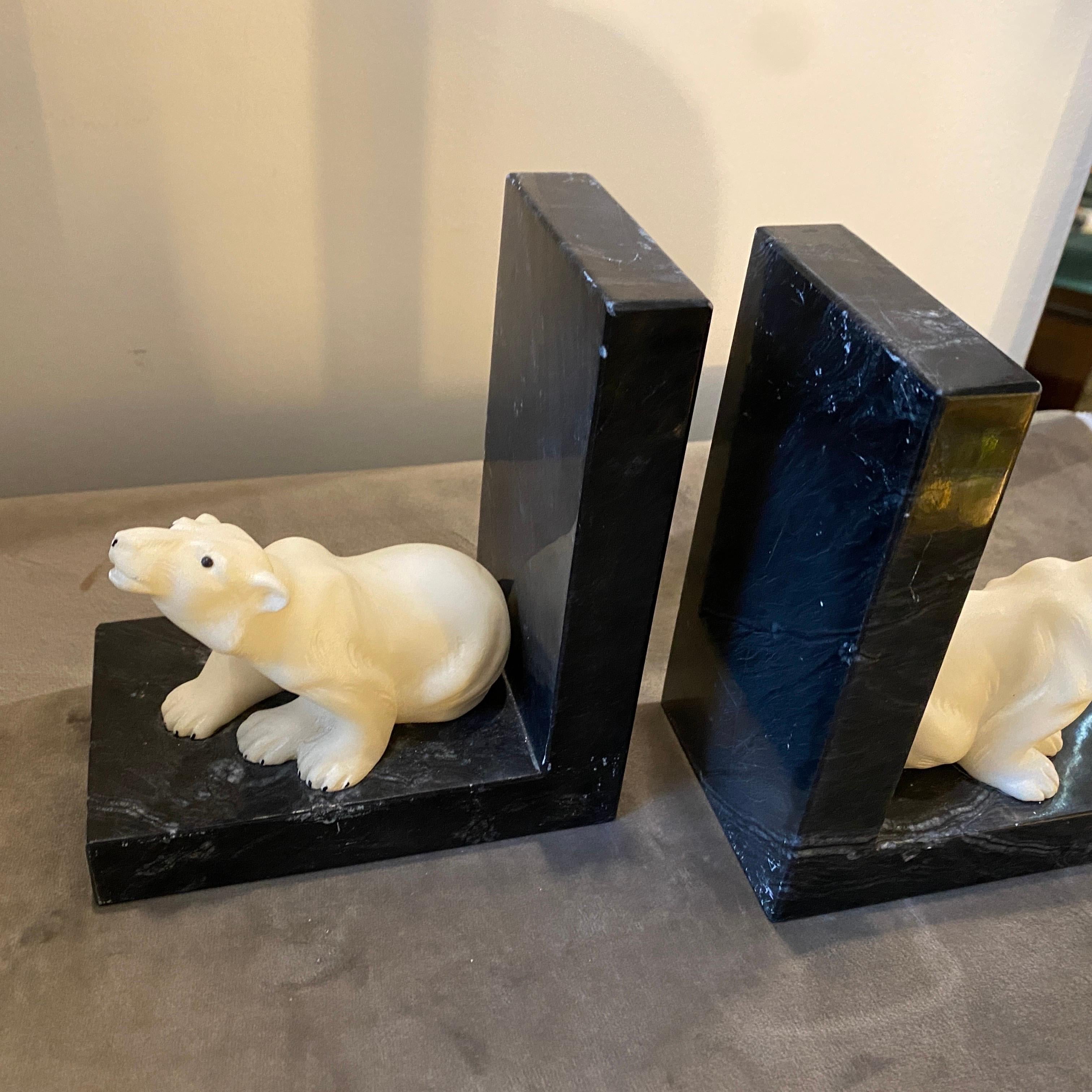 1940s Set of Two Art Deco White and Black Marble Bookends 3