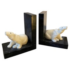 1940s Set of Two Art Deco White and Black Marble Bookends