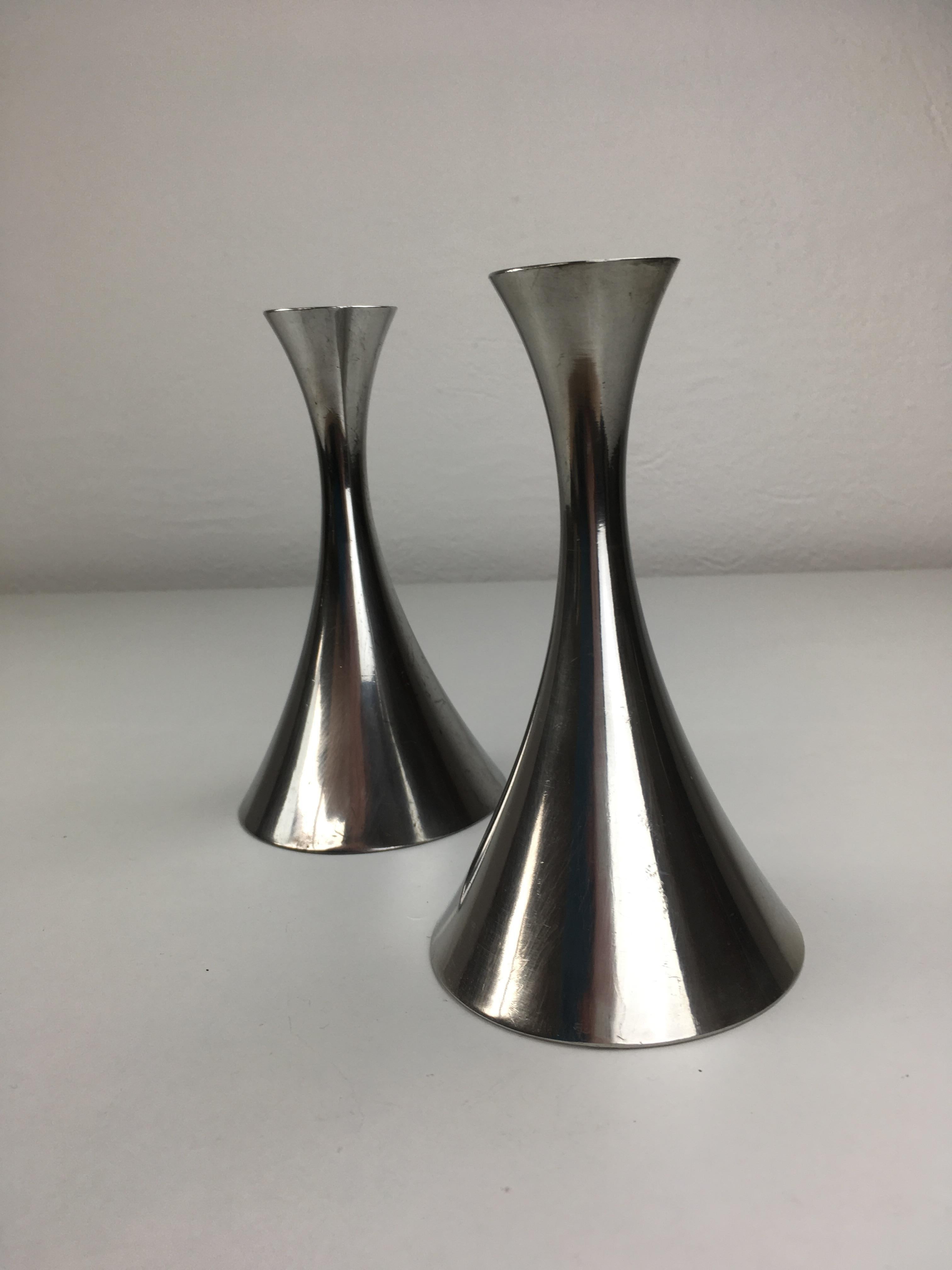 Art Deco 1940s Set of Two Danish Just Andersen Circular Pewter Candle Holders For Sale