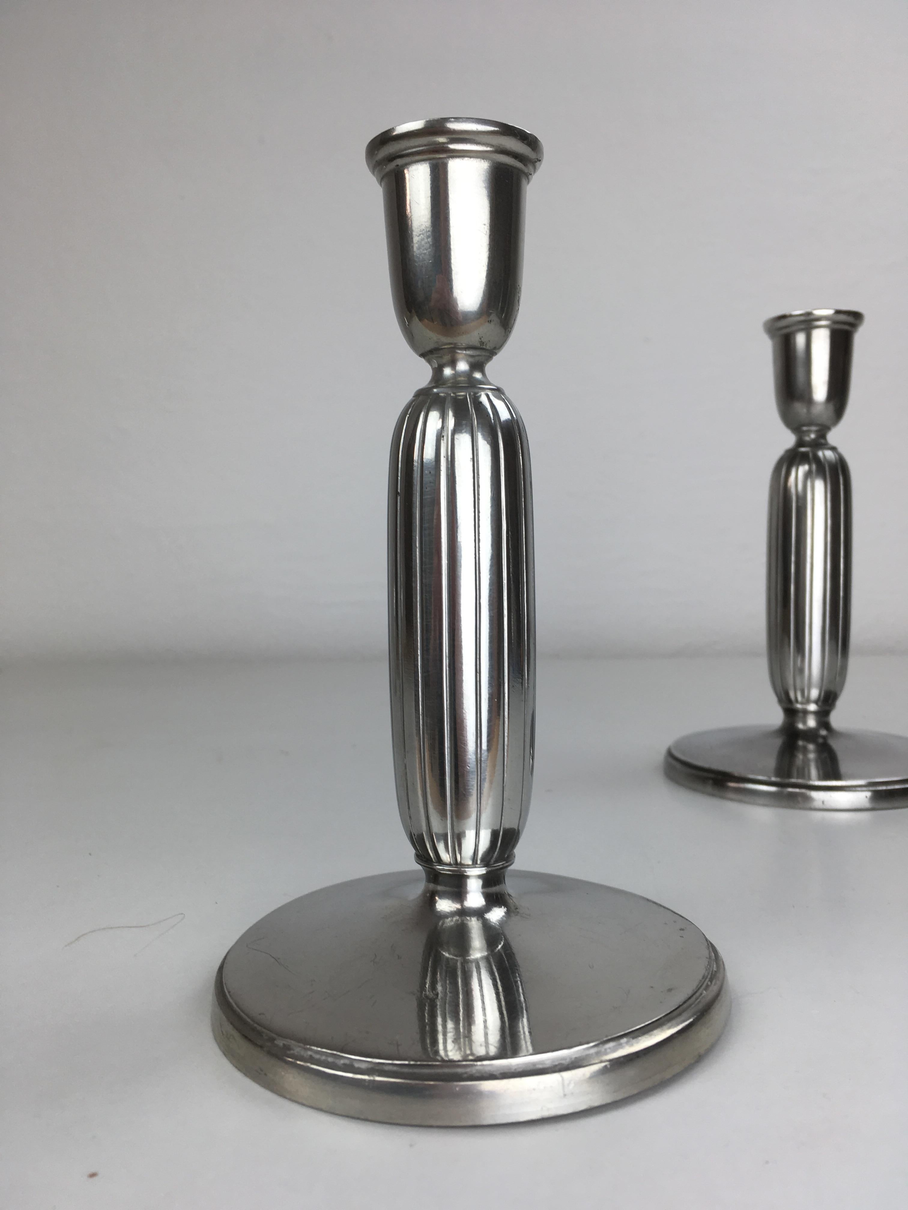 Art Deco 1940s Set of Two Danish Just Andersen Pewter Candle Holders For Sale