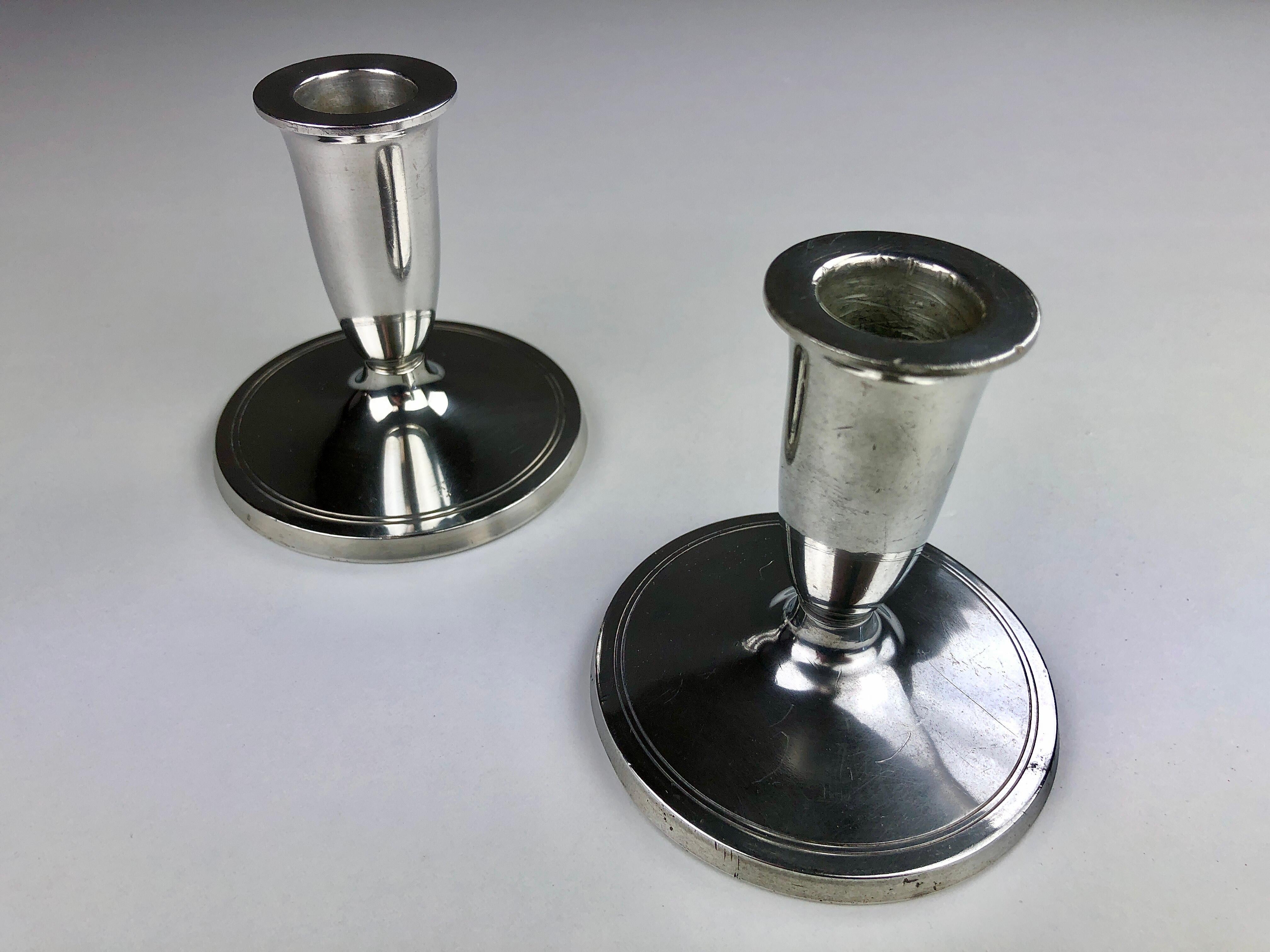 Art Deco 1940s Set of Two Danish Just Andersen Pewter Candlesticks For Sale