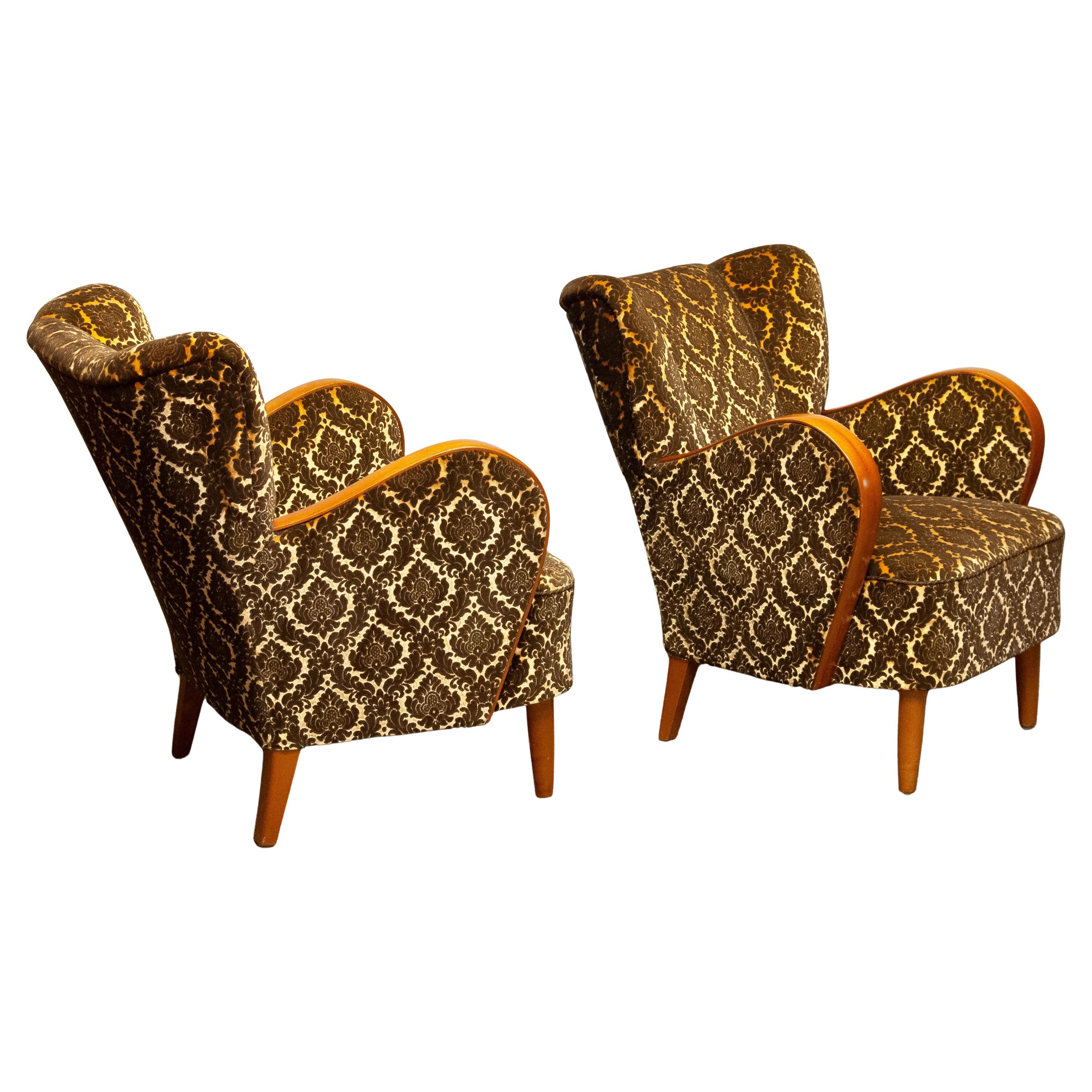 1940s Set of Two Tone Velvet Lounge Chairs with Elm Armrests