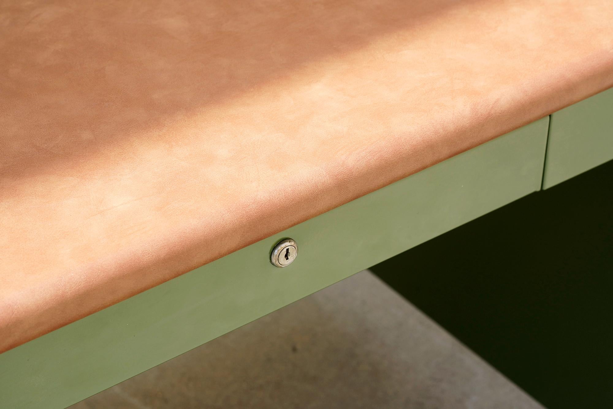 Mid-Century Modern 1940s Shaw Walker Panel Leg Tanker Table, Refinished in Army Green