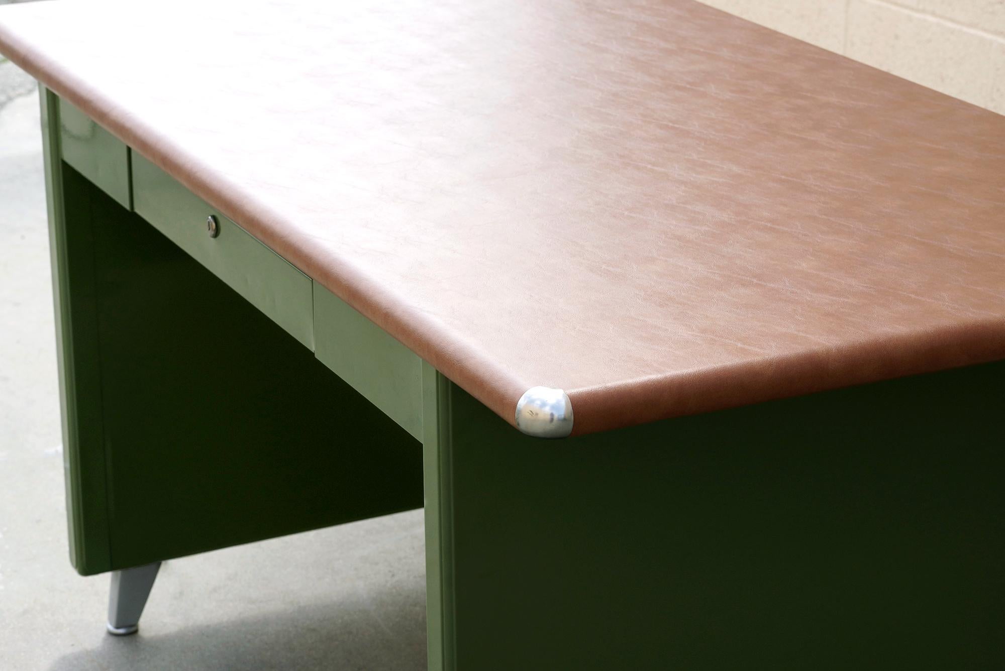 American 1940s Shaw Walker Panel Leg Tanker Table, Refinished in Army Green