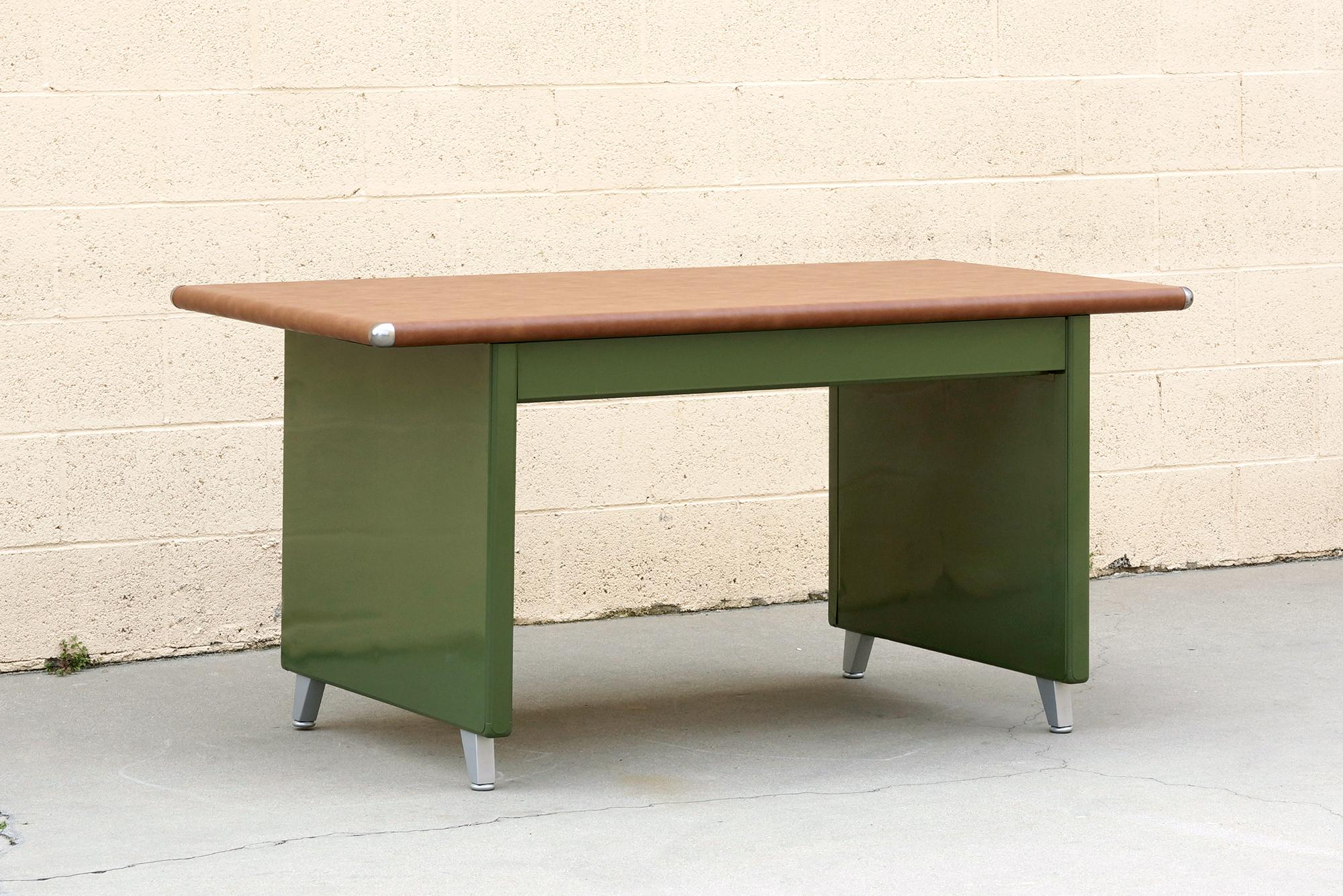 Powder-Coated 1940s Shaw Walker Panel Leg Tanker Table, Refinished in Army Green