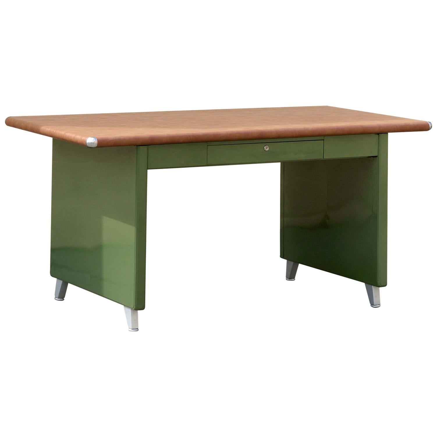 1940s Shaw Walker Panel Leg Tanker Table, Refinished in Army Green