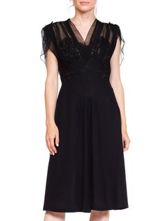 1940S Black Sheer Nylon & Lace Fitted Cocktail Dress
