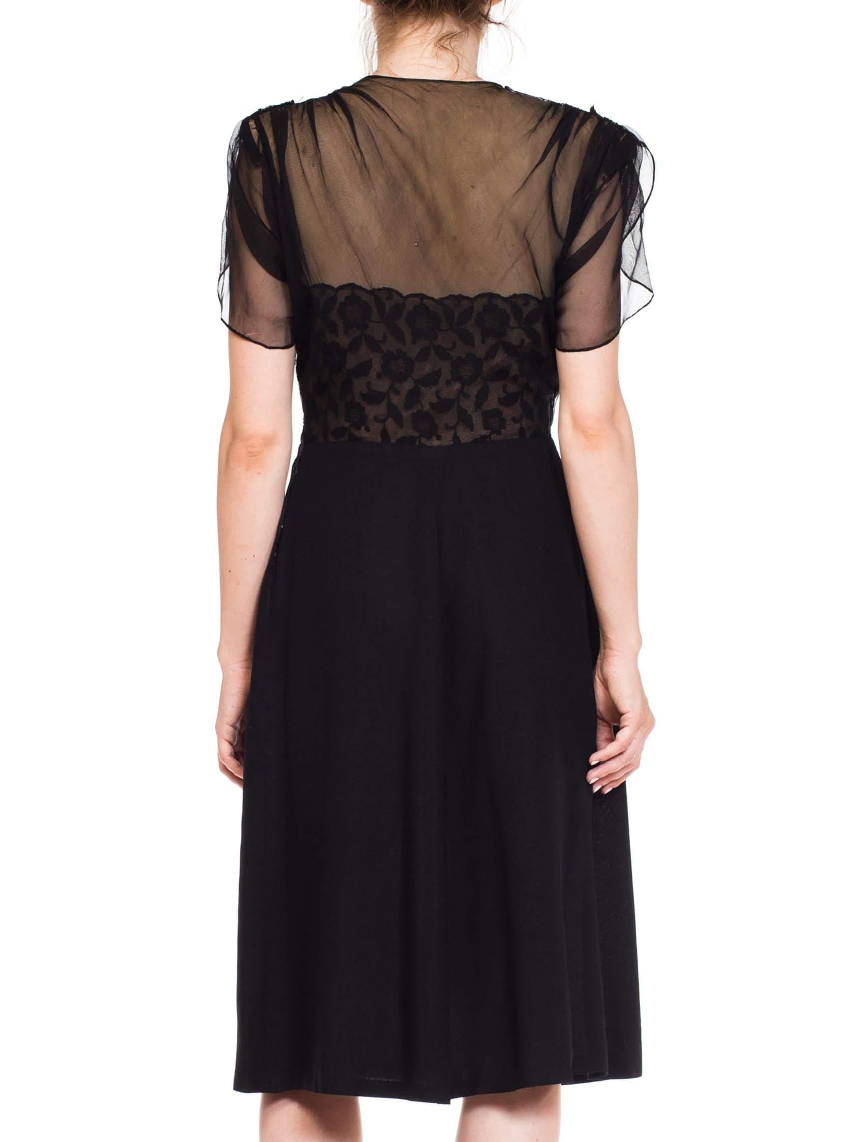 1940S Black Sheer Nylon & Lace Fitted Cocktail Dress In Excellent Condition For Sale In New York, NY