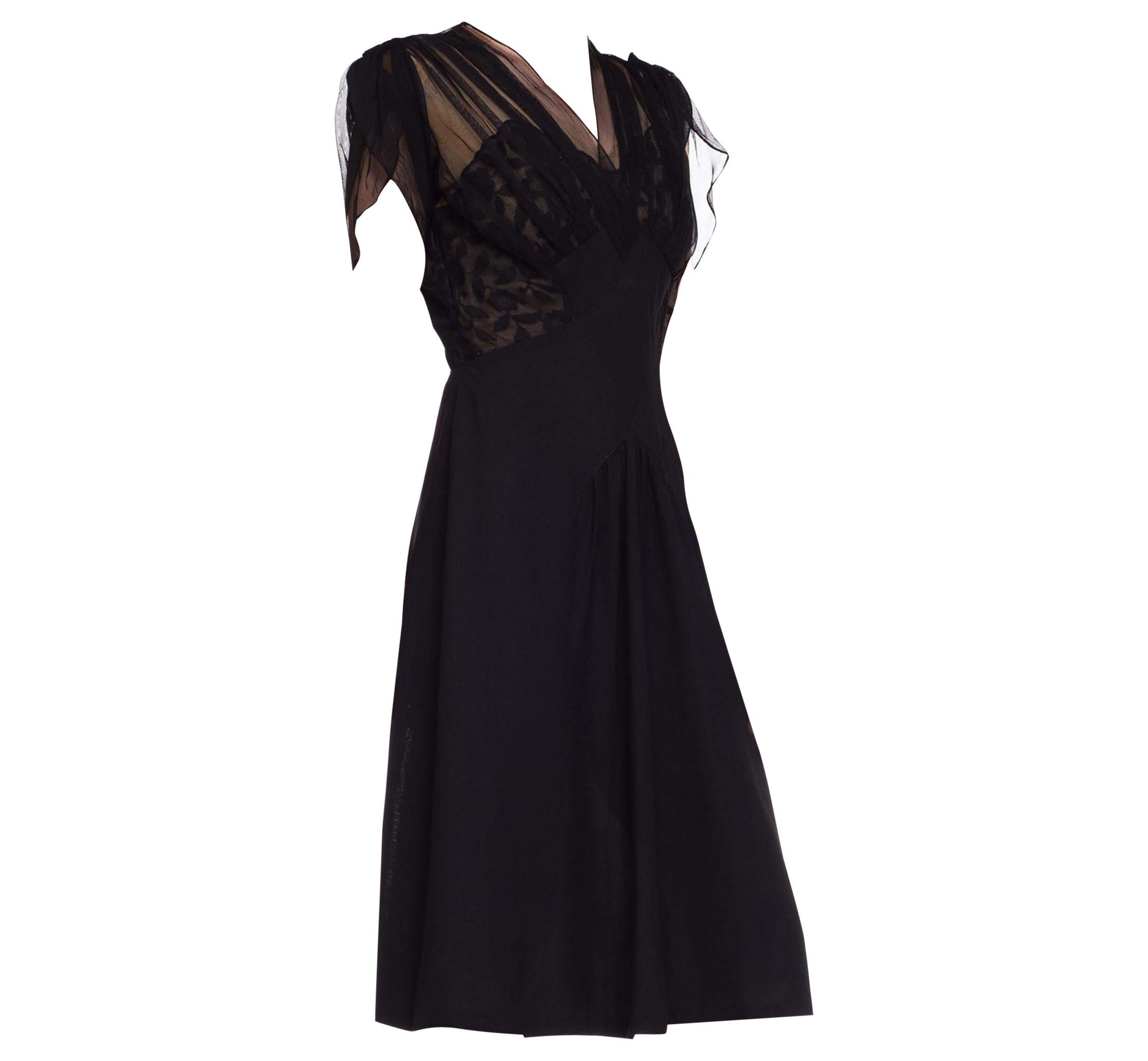 1940S Black Sheer Nylon & Lace Fitted Cocktail Dress For Sale