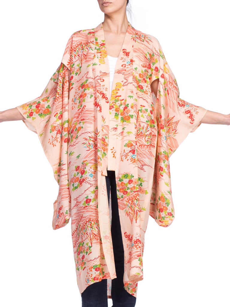 Orange 1960S Baby Pink & Red Silk Sheer Lightweight Japanese Kimono For Sale