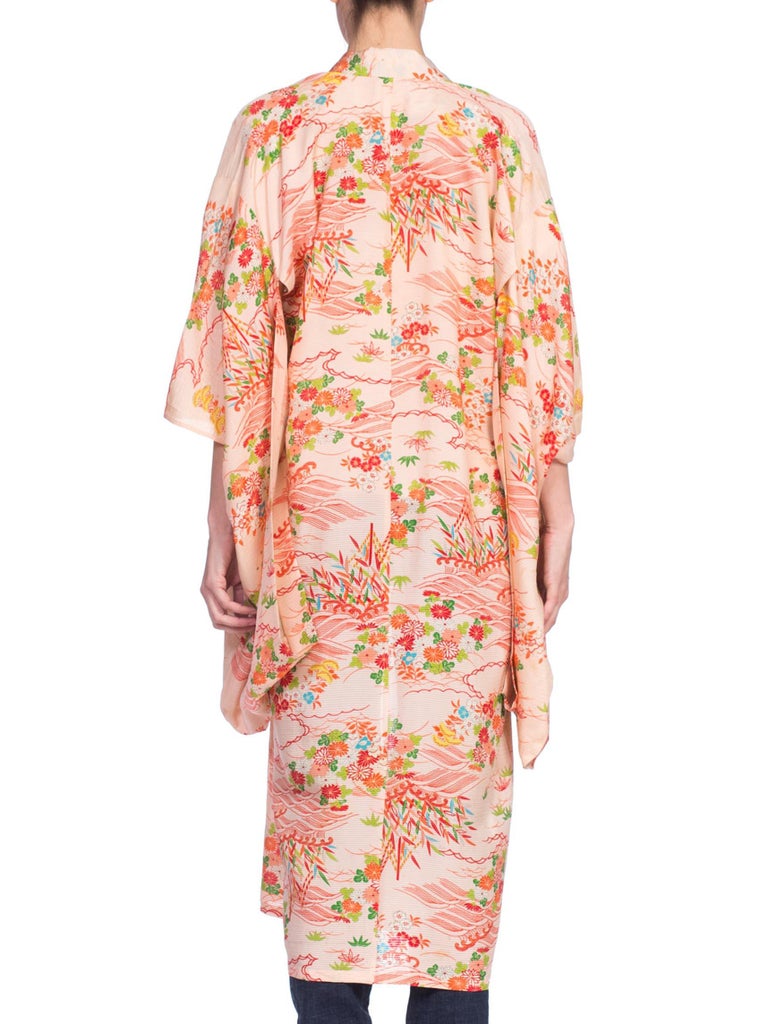 Women's 1960S Baby Pink & Red Silk Sheer Lightweight Japanese Kimono For Sale