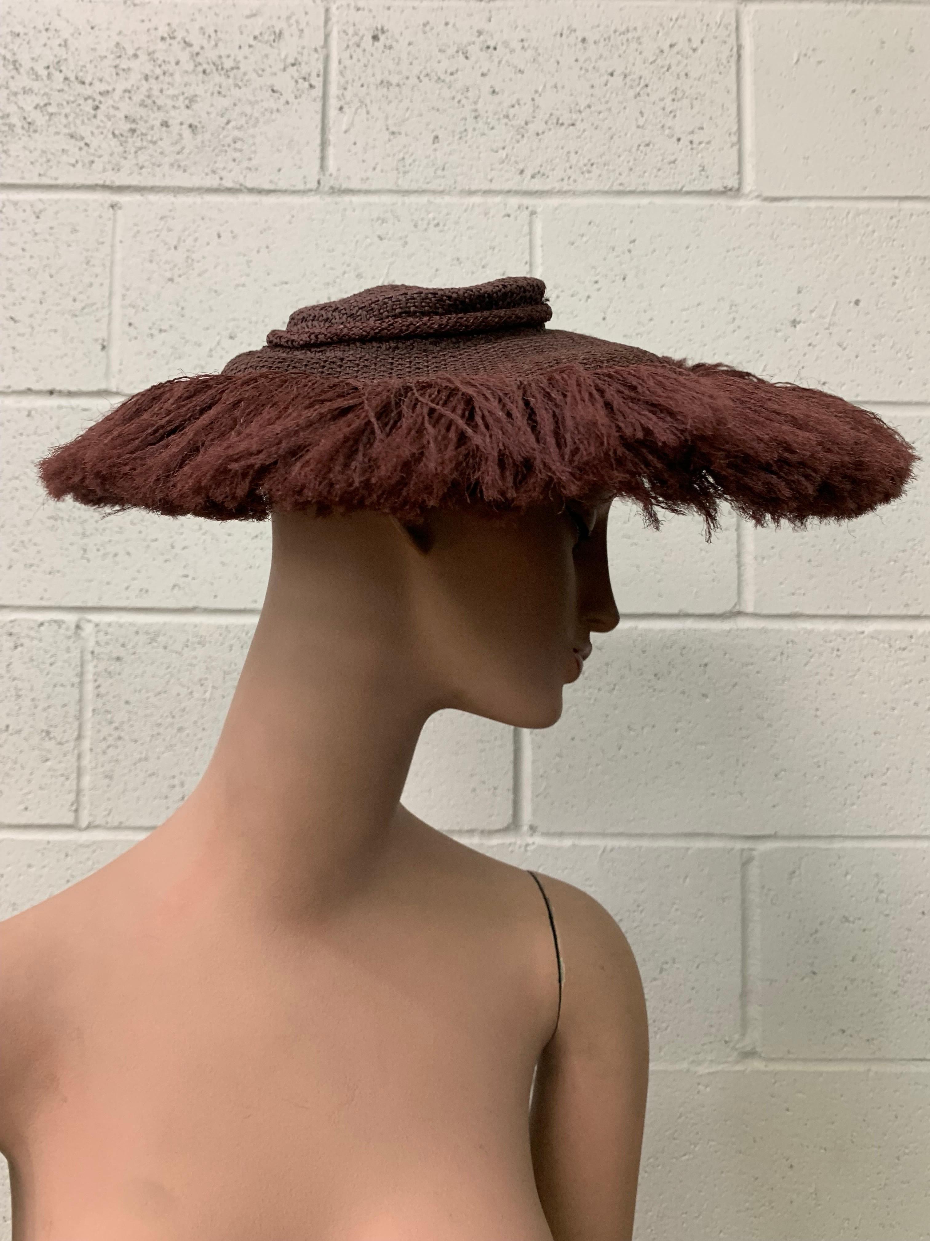 1940s Shenley's Cocoa Brown Rayon Woven & Fringed Saucer Hat w Low Crown For Sale 5