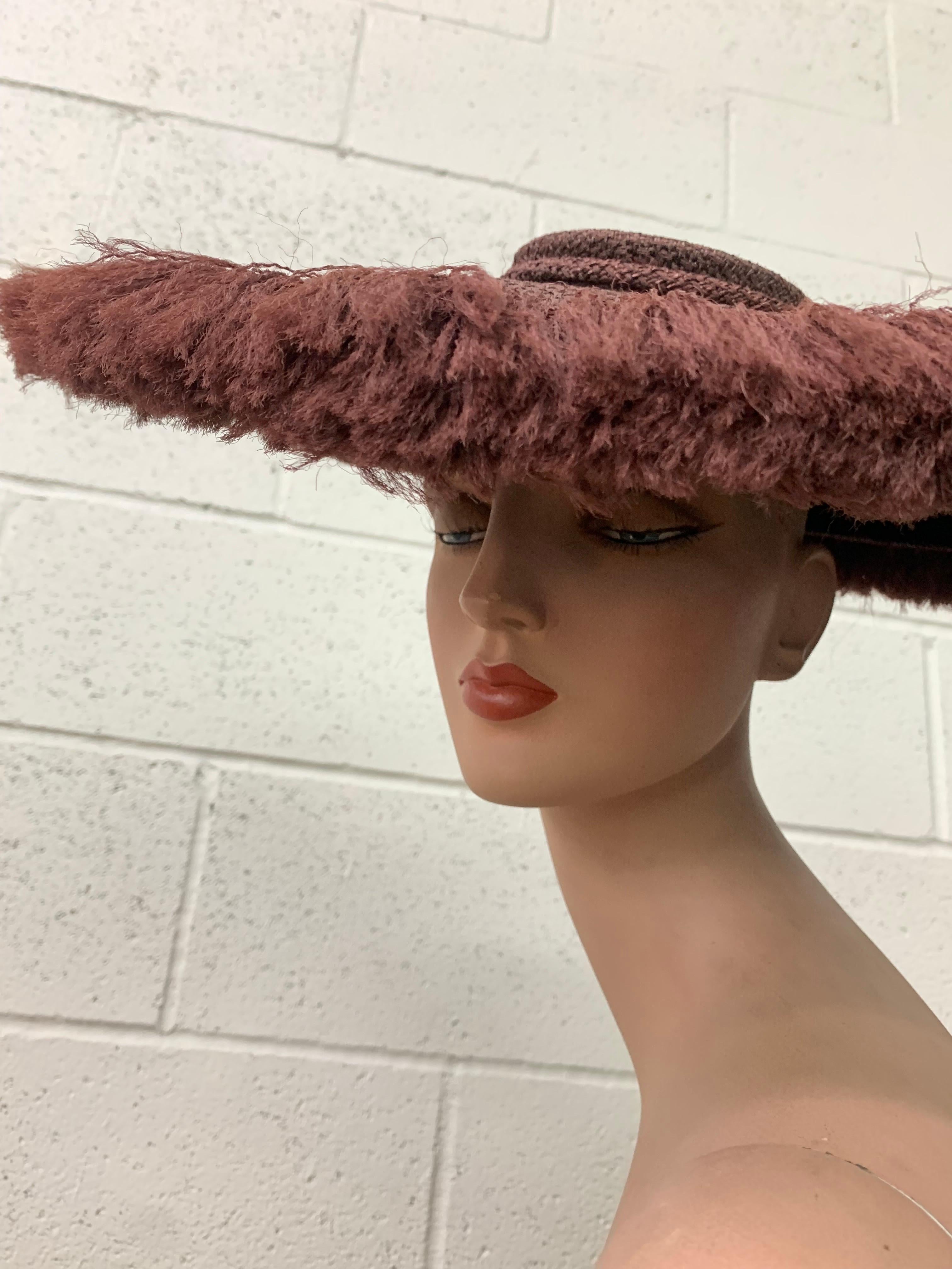 Black 1940s Shenley's Cocoa Brown Rayon Woven & Fringed Saucer Hat w Low Crown For Sale