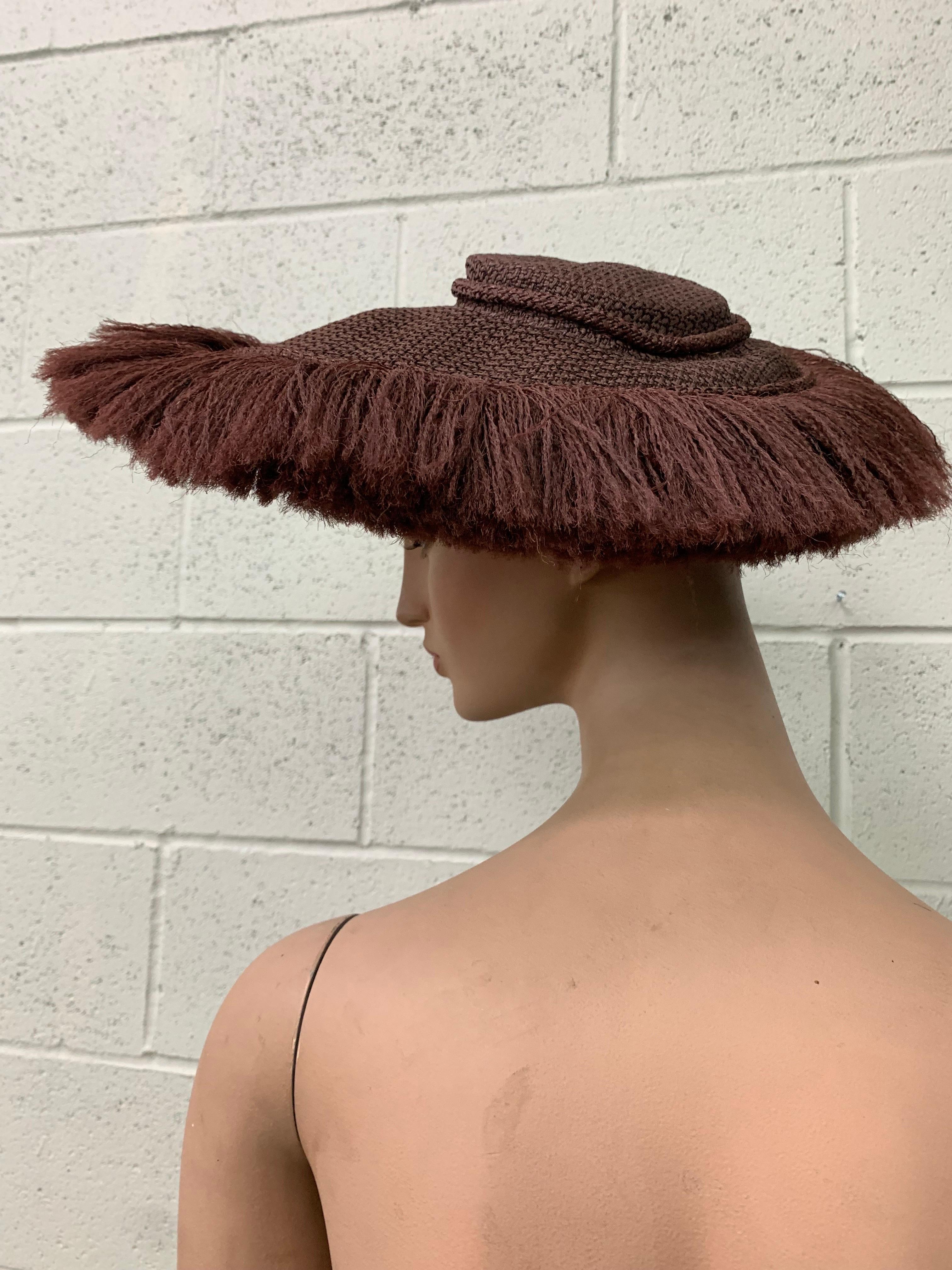 1940s Shenley's Cocoa Brown Rayon Woven & Fringed Saucer Hat w Low Crown For Sale 1