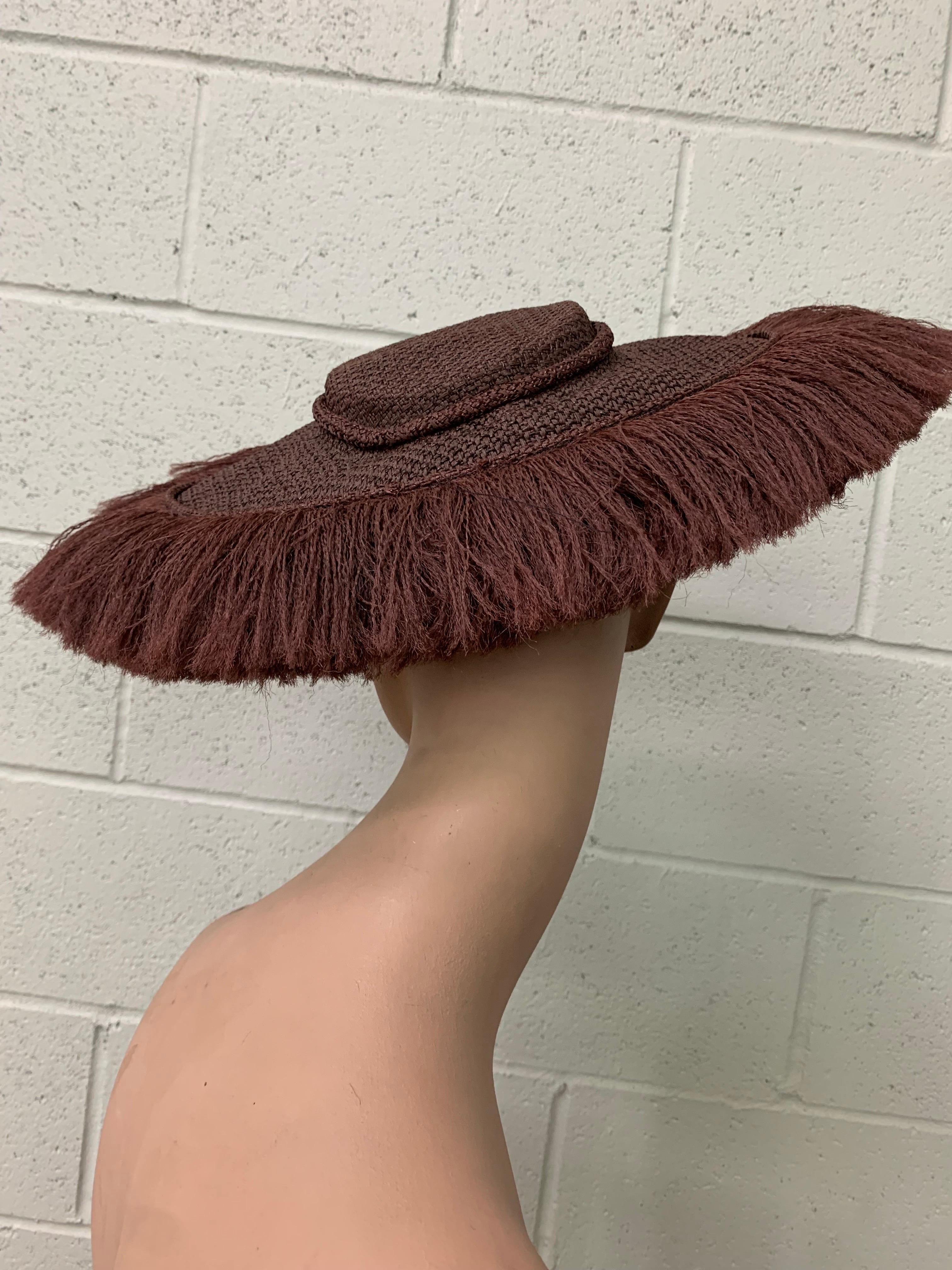 1940s Shenley's Cocoa Brown Rayon Woven & Fringed Saucer Hat w Low Crown For Sale 3