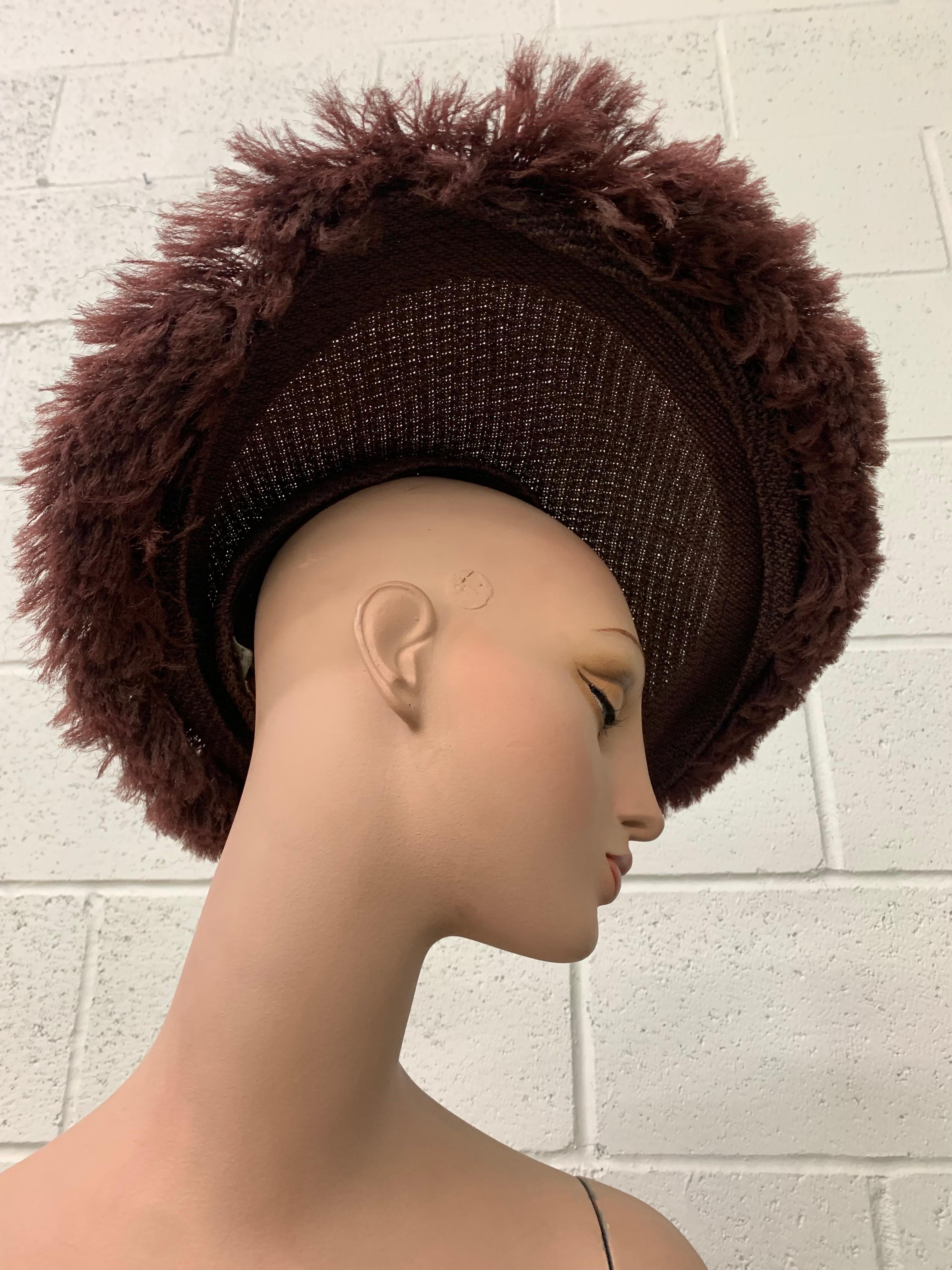 1940s Shenley's Cocoa Brown Rayon Woven & Fringed Saucer Hat w Low Crown For Sale 4