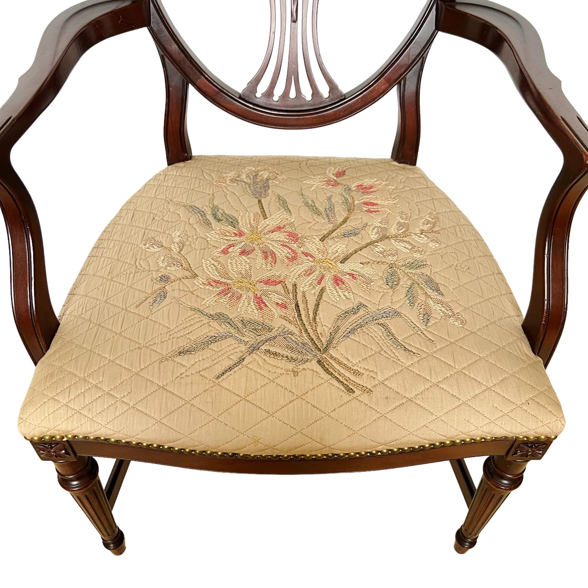 Brass 1940s Sheraton Shield Back Embroidered Accent Chair For Sale