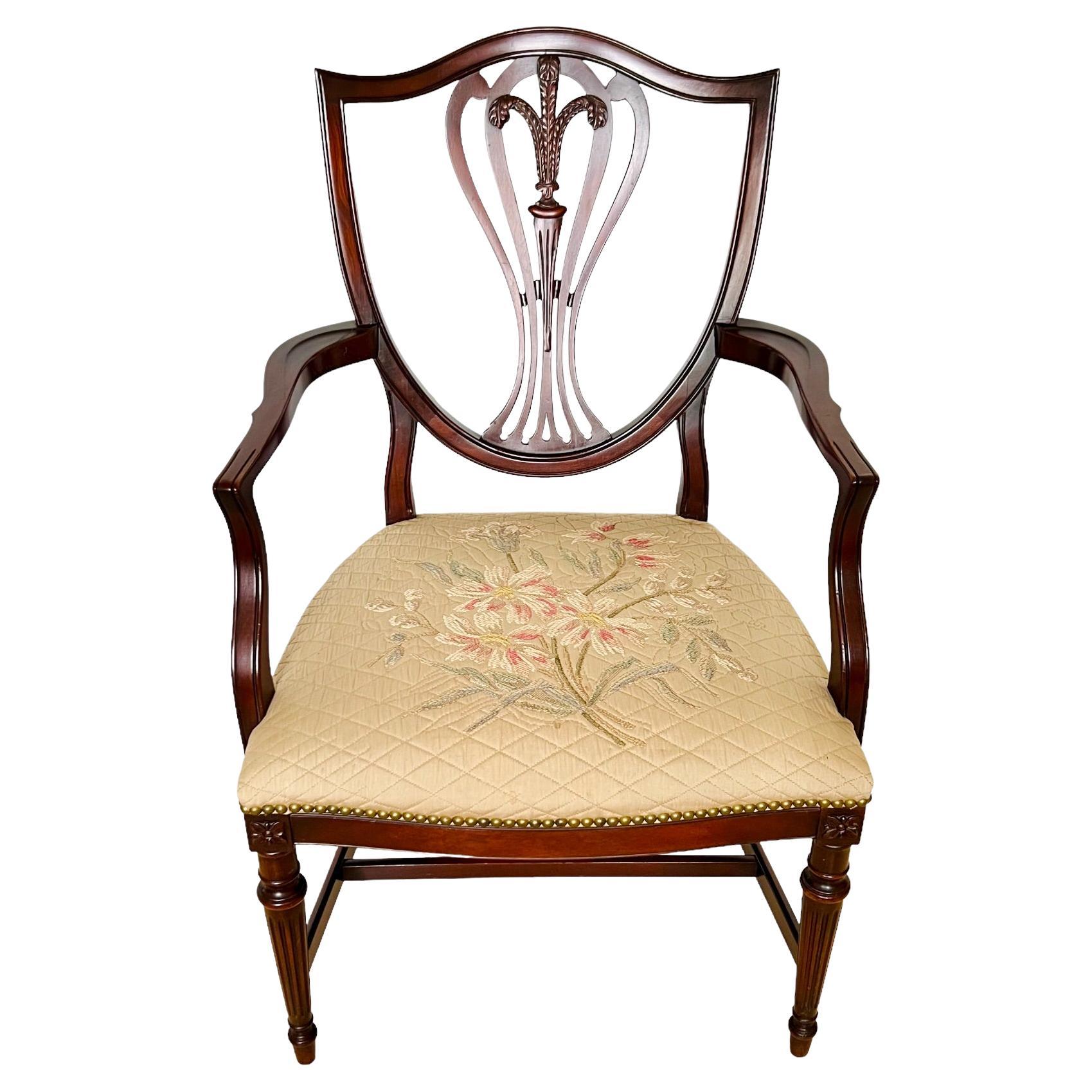Sheraton Shield Back Embroidered Accent Chair, 1940s For Sale