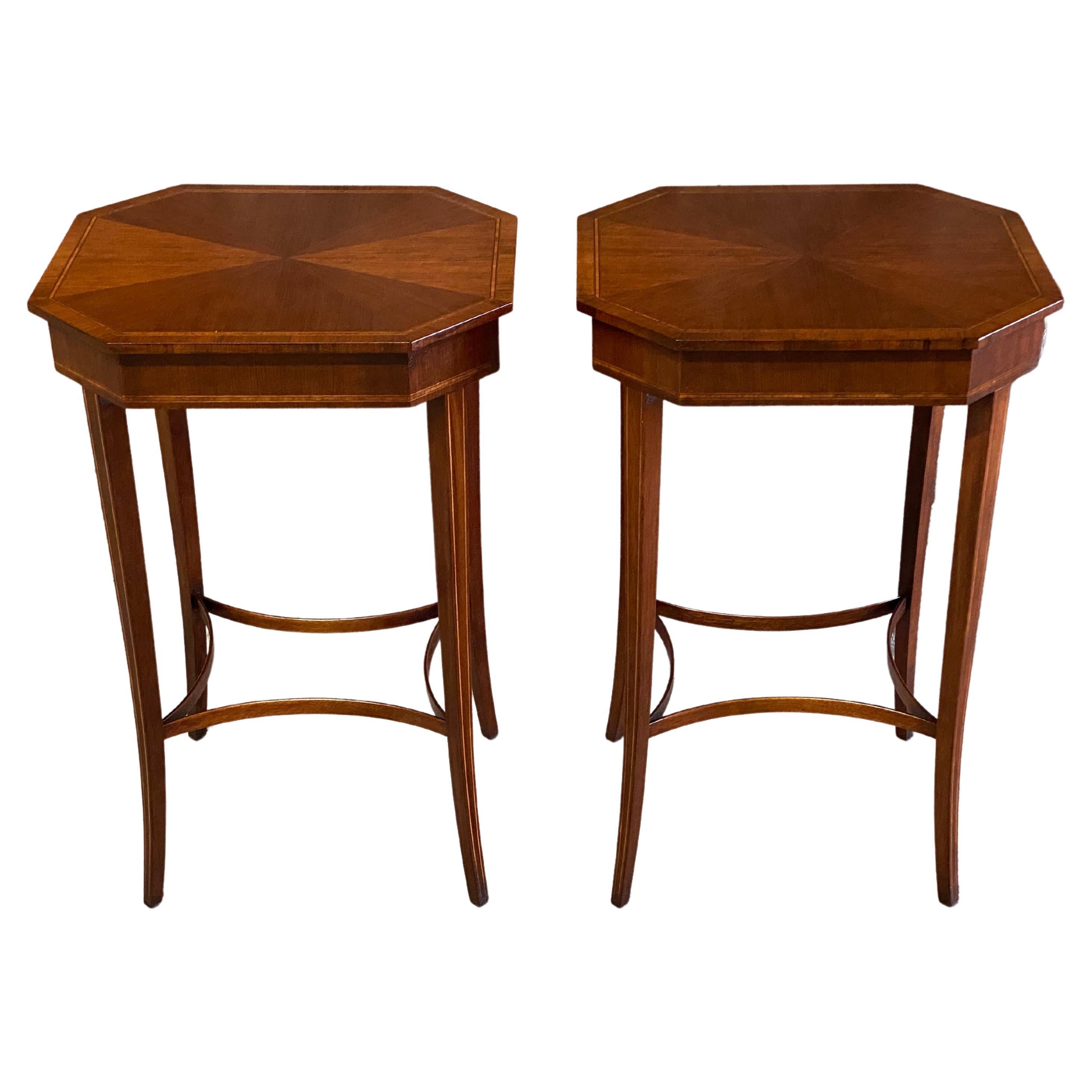 1940s Sheraton Style Mahogany Banded Inlaid Octagonal End Tables, A Pair