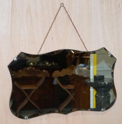 1940s Shield Shaped Bevelled Edge Mirror on Period Metal Chain Metal Clasps