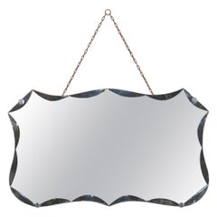 1940s Shield Shaped Bevelled Edge Mirror on Period Metal Chain Metal Clasps