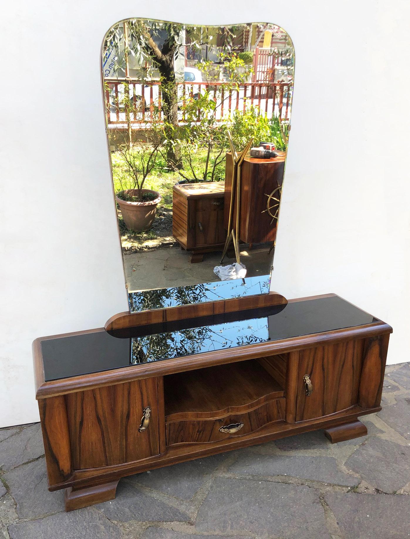 Mid-Century Modern 1940s Sideboard Rosewood Walnut Honeycomb Natural Color Italian Design Mirror For Sale