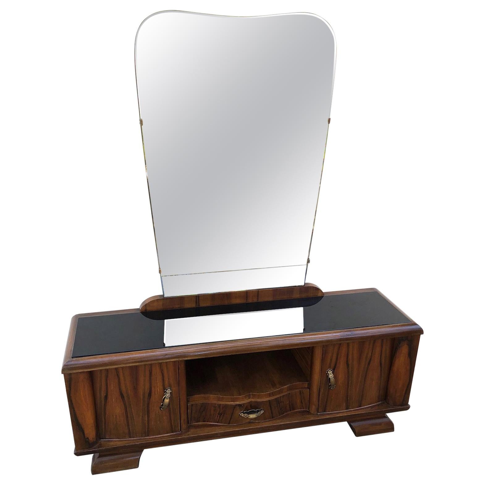 1940s Sideboard Rosewood Walnut Honeycomb Natural Color Italian Design Mirror For Sale