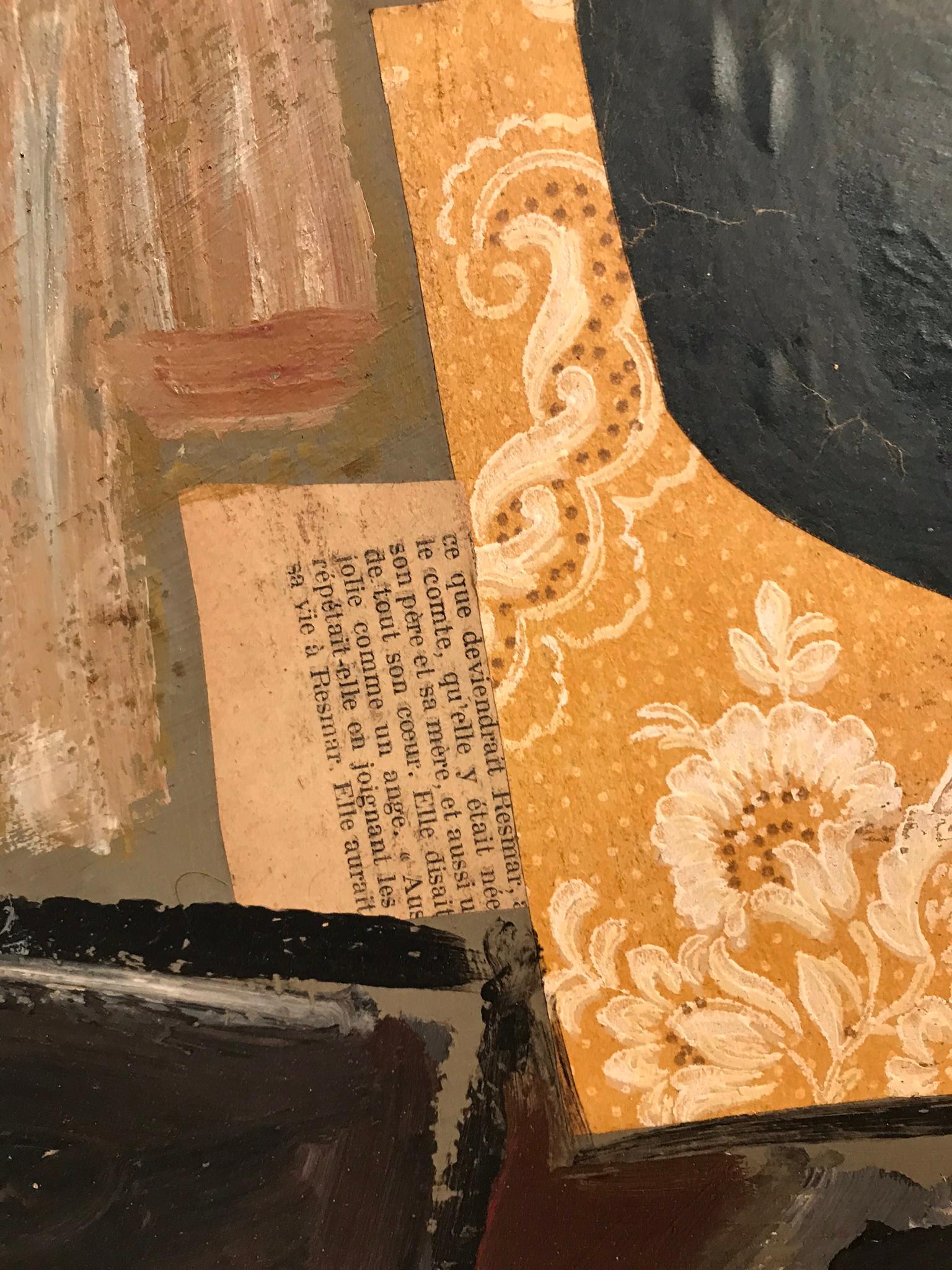 Questo dipinto in stile collage mostra grandi contrasti di colore e composizione e i ritagli di giornale francesi non fanno che accrescerne l'interesse.