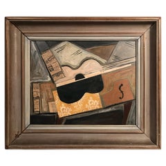 1940s Signed French Collage Cubist Guitar Painting